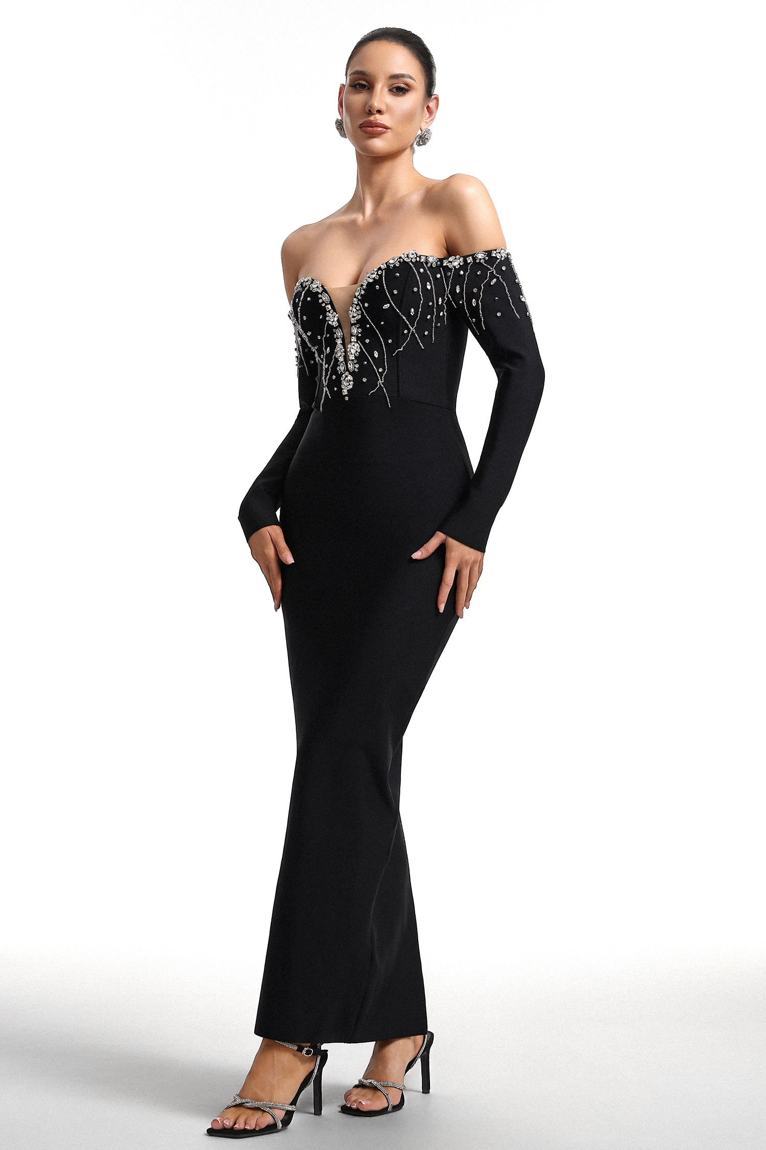 Yuhie Deep V Off Shoulder Long Sleeve Embellished Bandage Maxi Dress