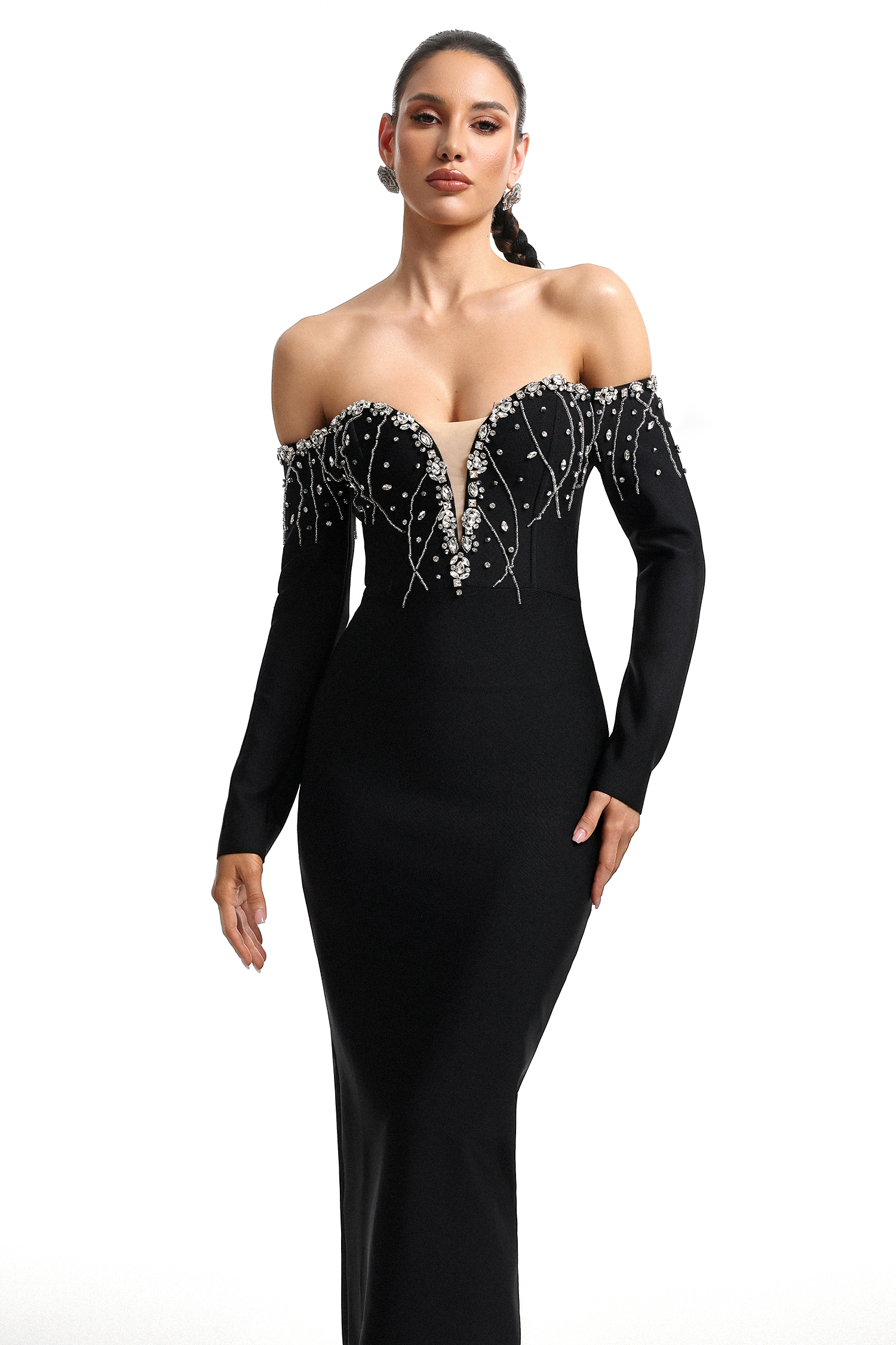 Yuhie Deep V Off Shoulder Long Sleeve Embellished Bandage Maxi Dress