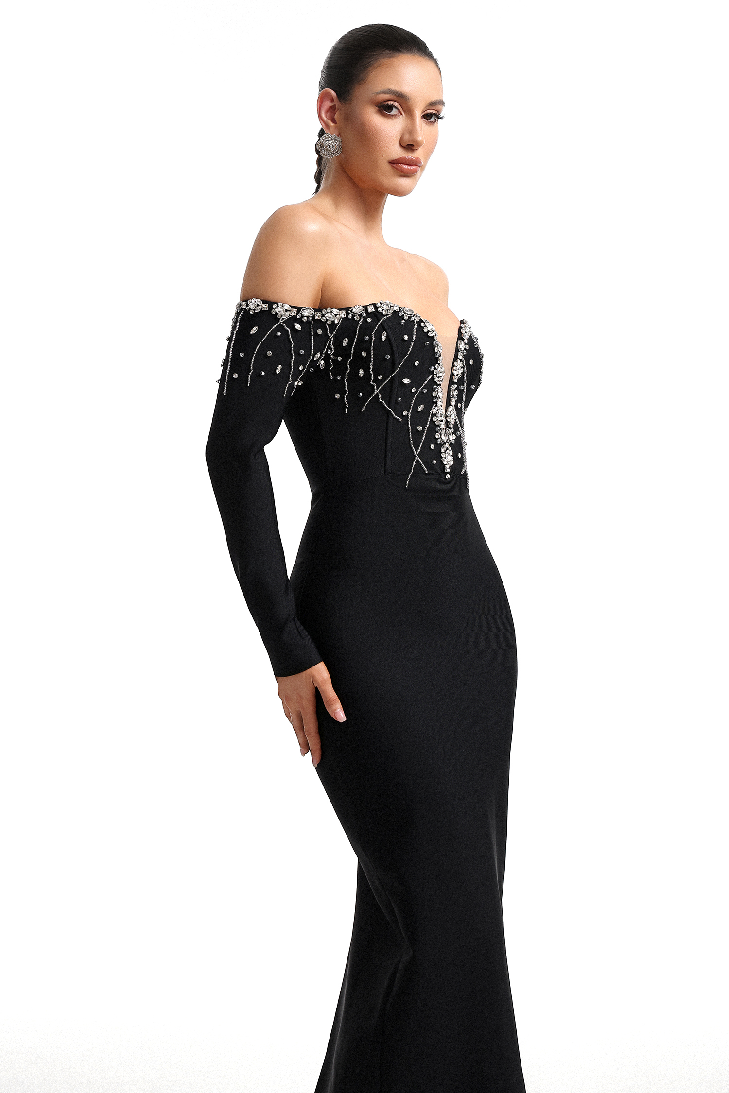 Yuhie Deep V Off Shoulder Long Sleeve Embellished Bandage Maxi Dress