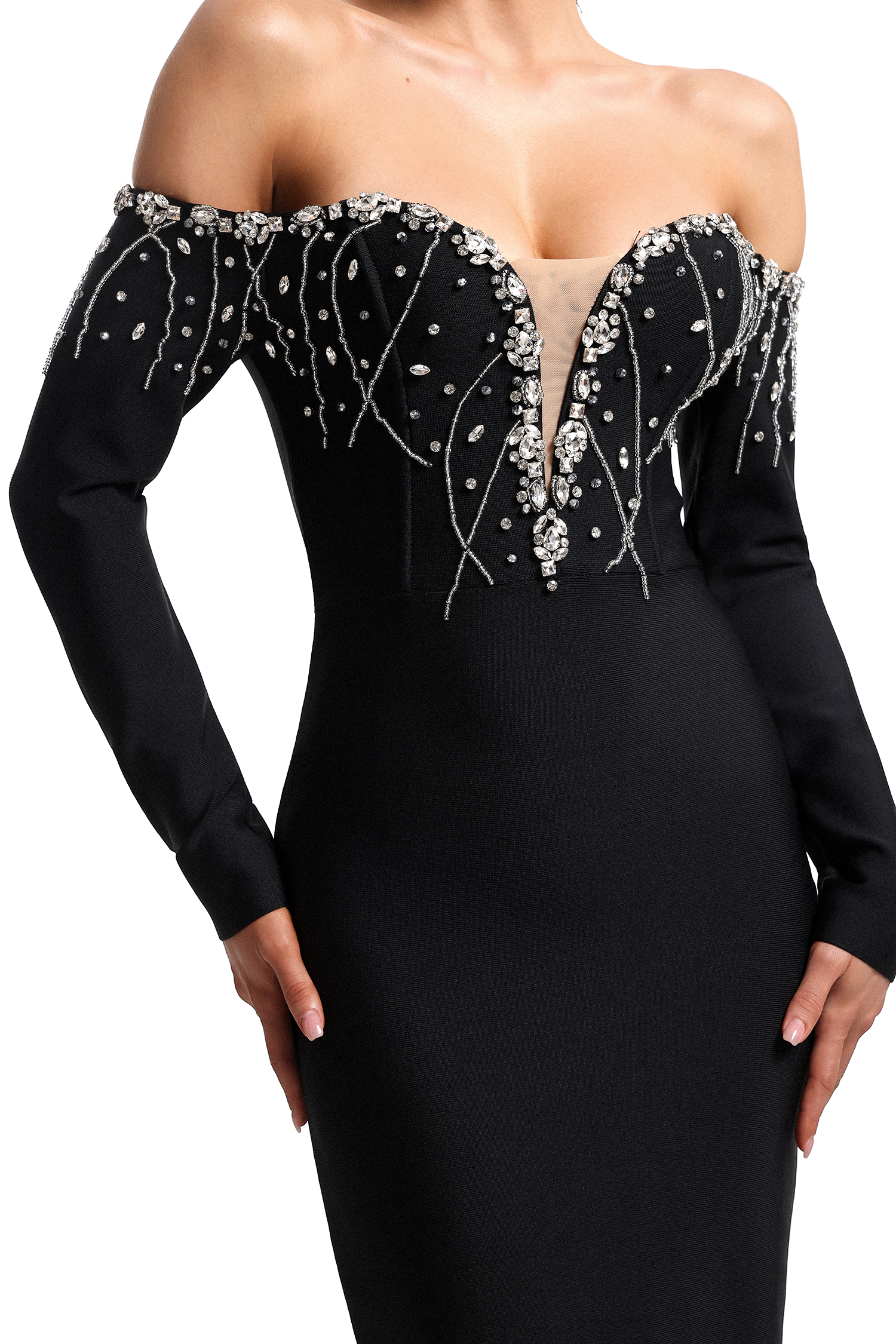 Yuhie Deep V Off Shoulder Long Sleeve Embellished Bandage Maxi Dress