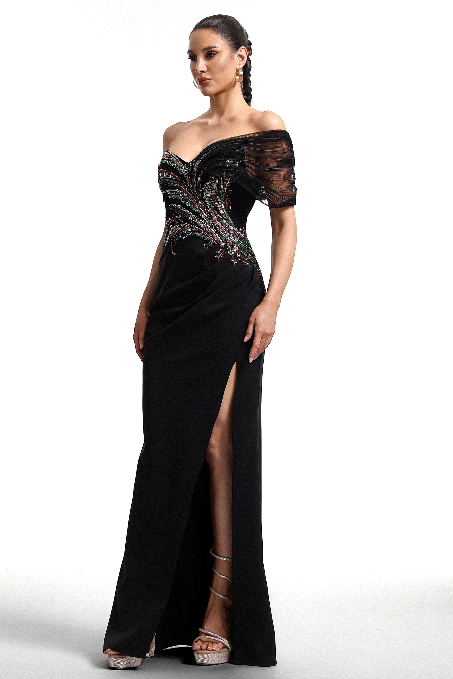 Stolen Strapless Sequin Embroidered Slit Bandage Maxi Dress