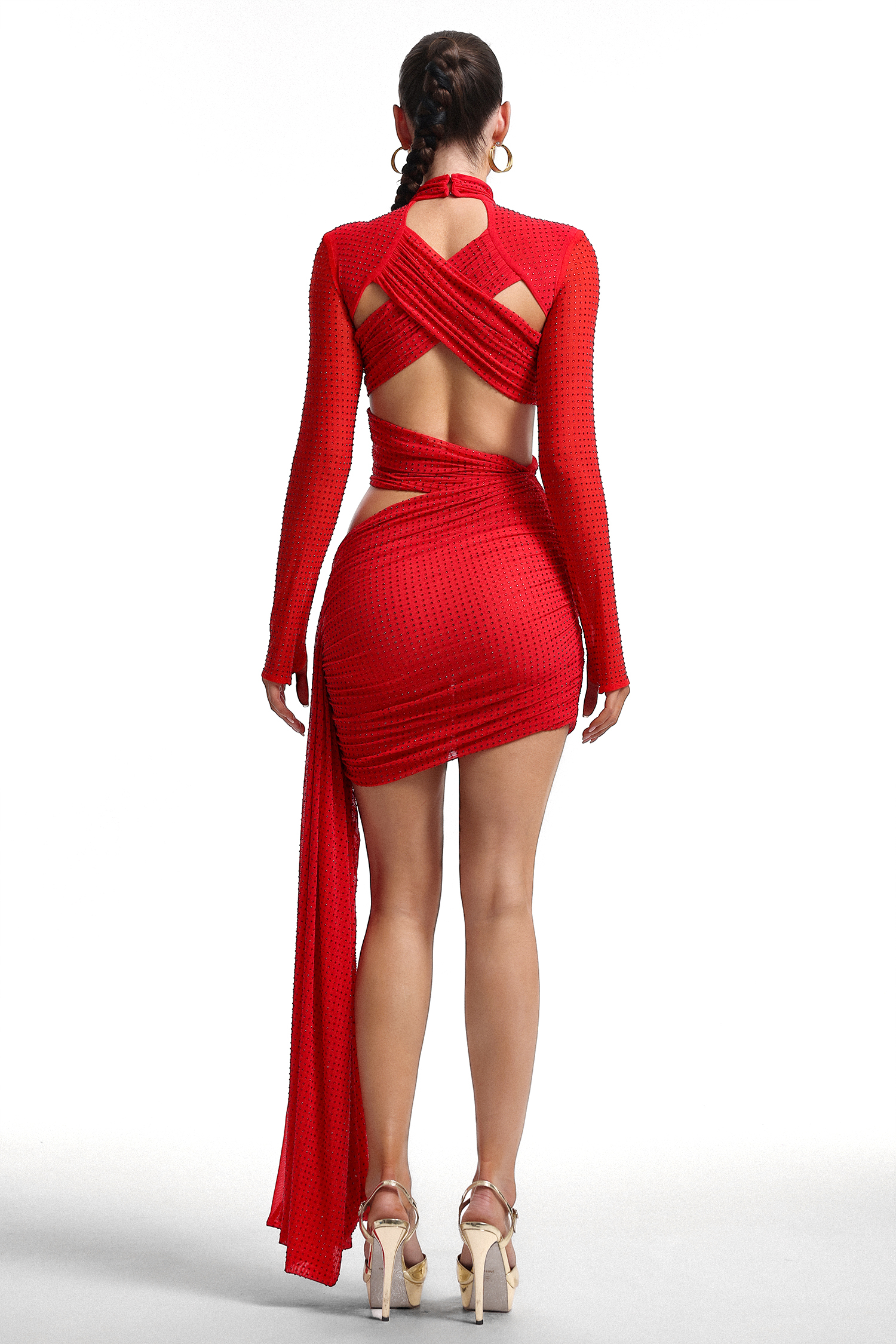 Tikia Asymmetrical High Collar Long Sleeve Cutout Rhinestone Mini Dress