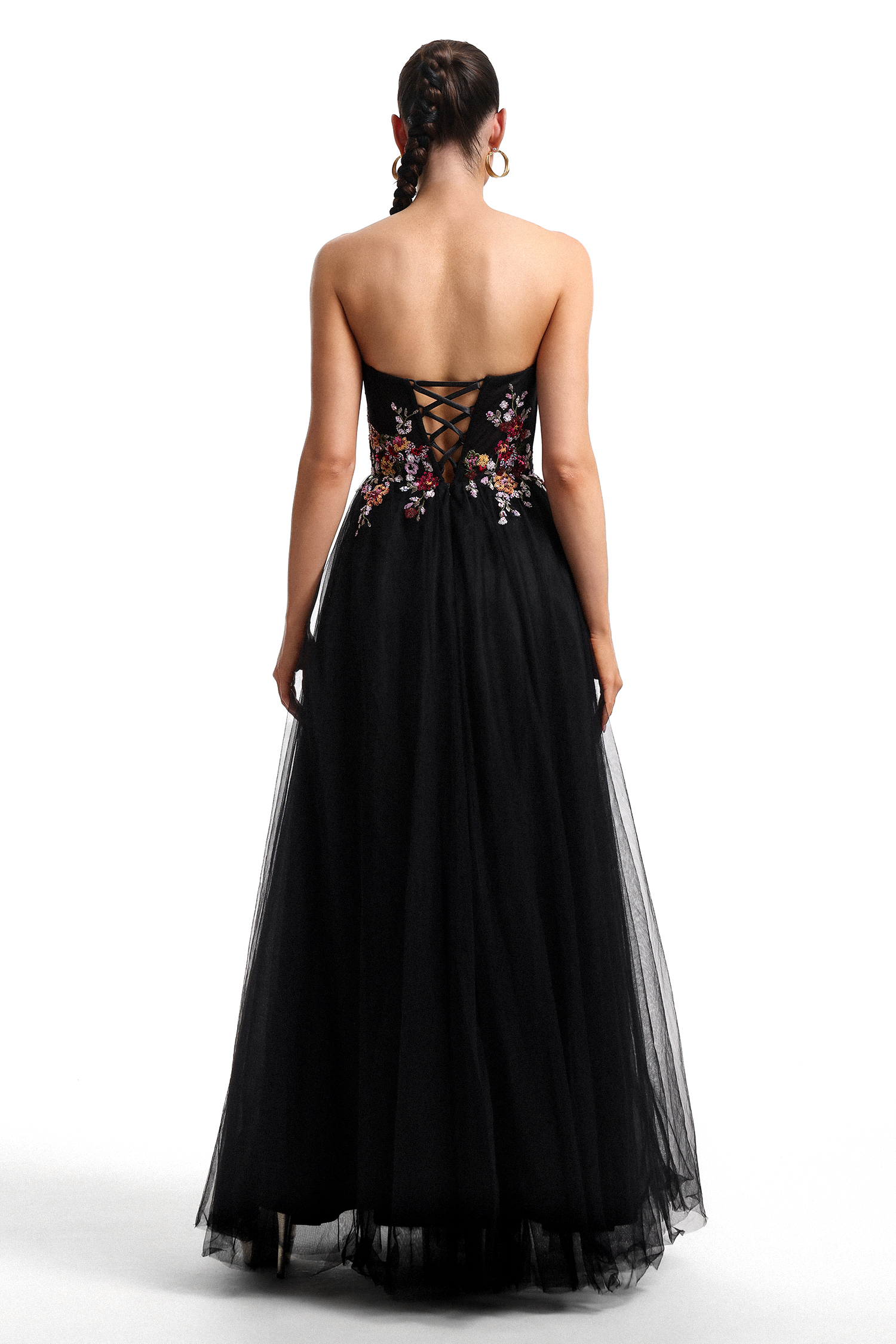 Timesha Strapless Floral Embroidered High Slit Maxi Dress