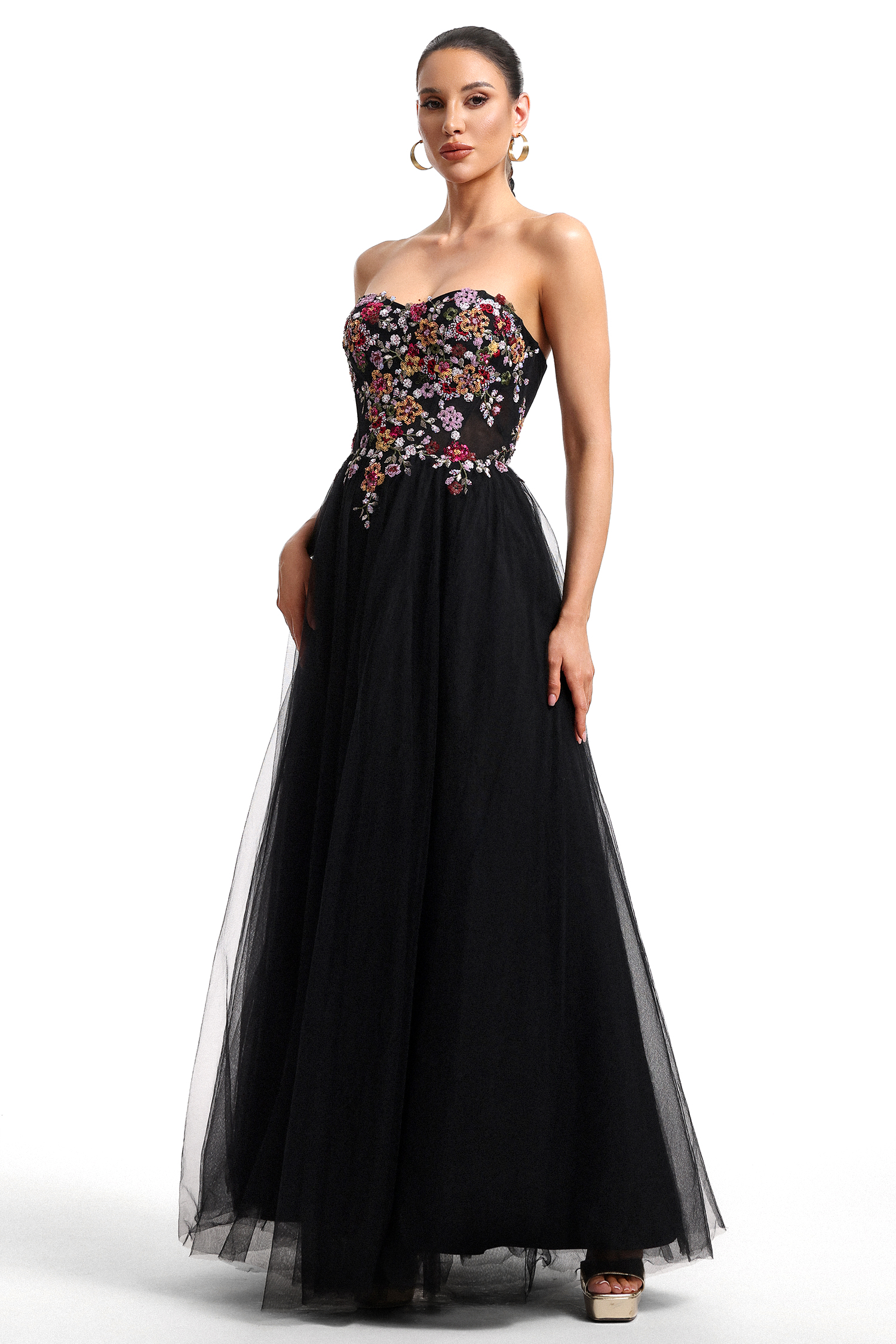 Timesha Strapless Floral Embroidered High Slit Maxi Dress