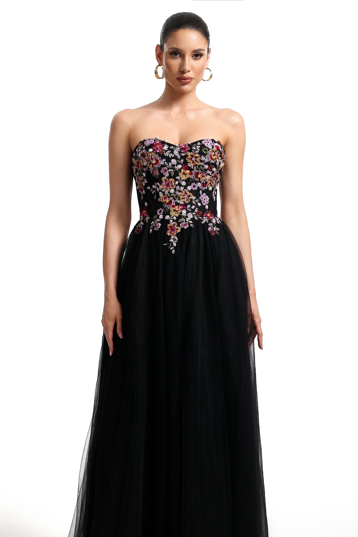 Timesha Strapless Floral Embroidered High Slit Maxi Dress