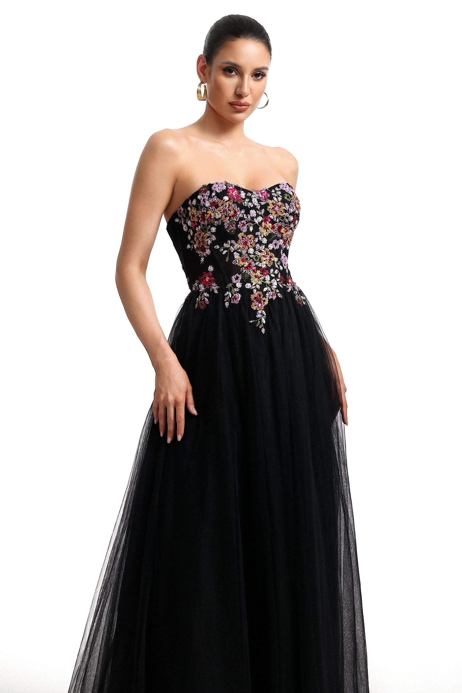 Timesha Strapless Floral Embroidered High Slit Maxi Dress