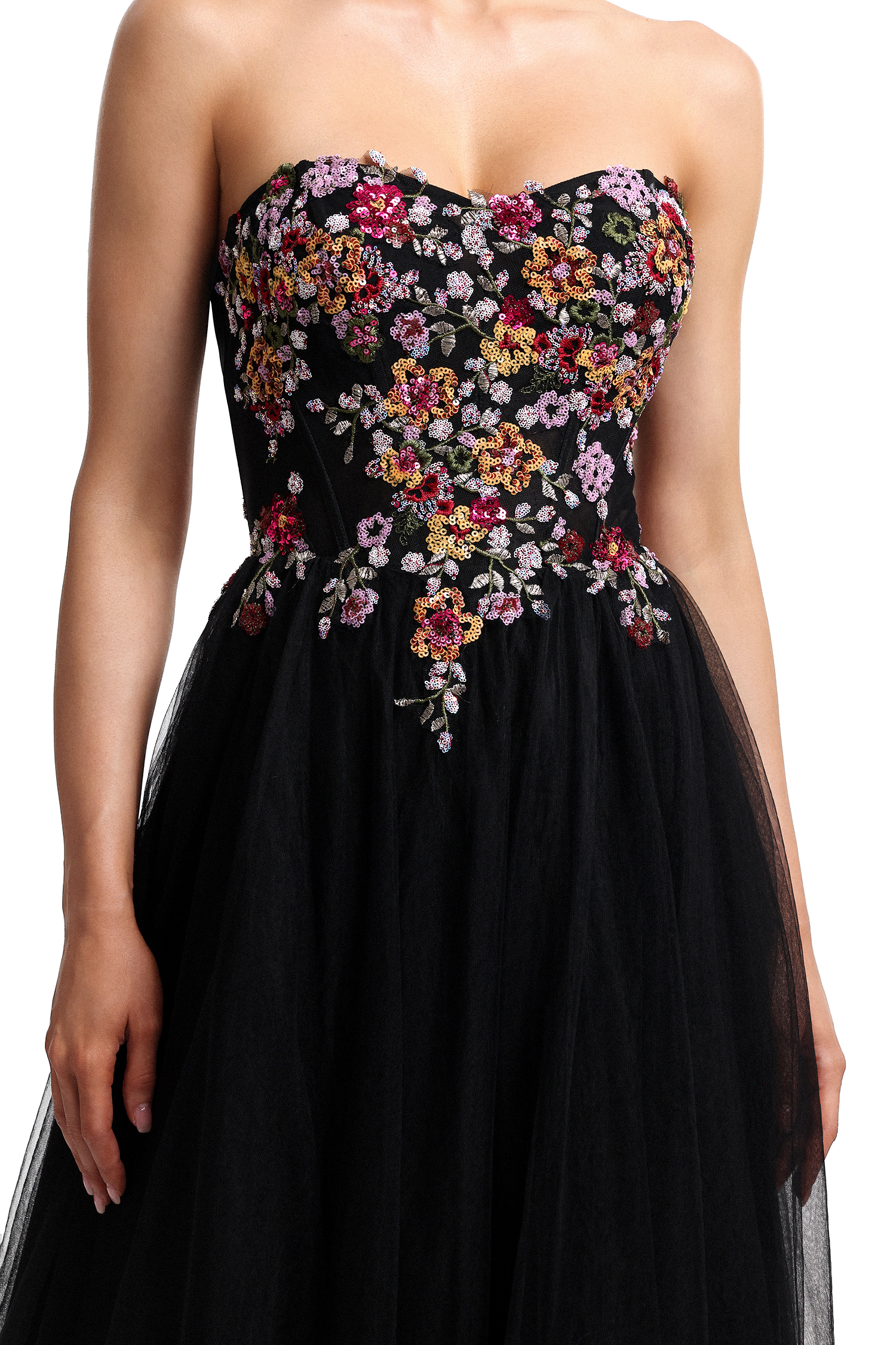 Timesha Strapless Floral Embroidered High Slit Maxi Dress