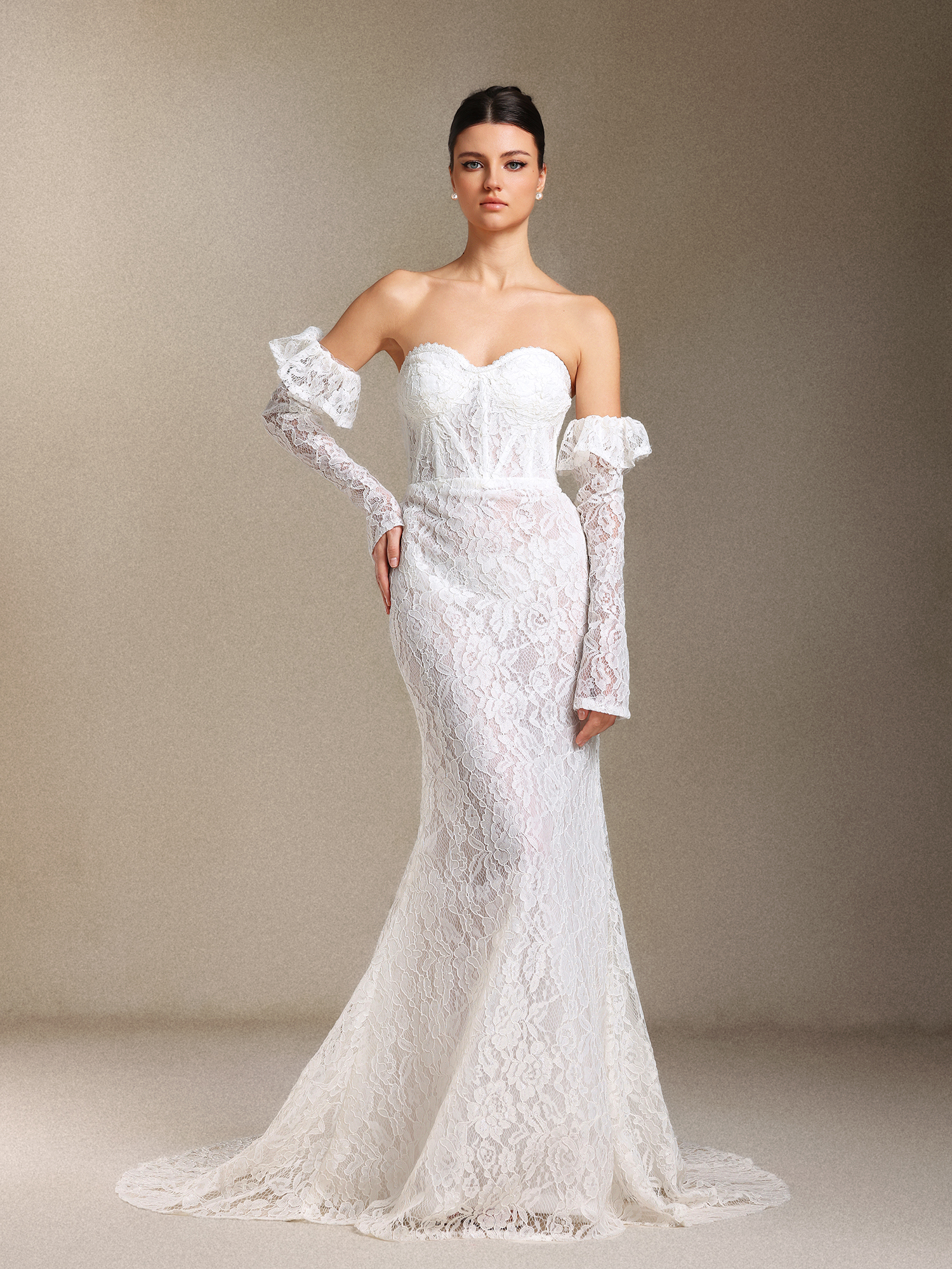 Eudase Lace Chest smearing Sleeve covers Fish bone maxi wedding dress