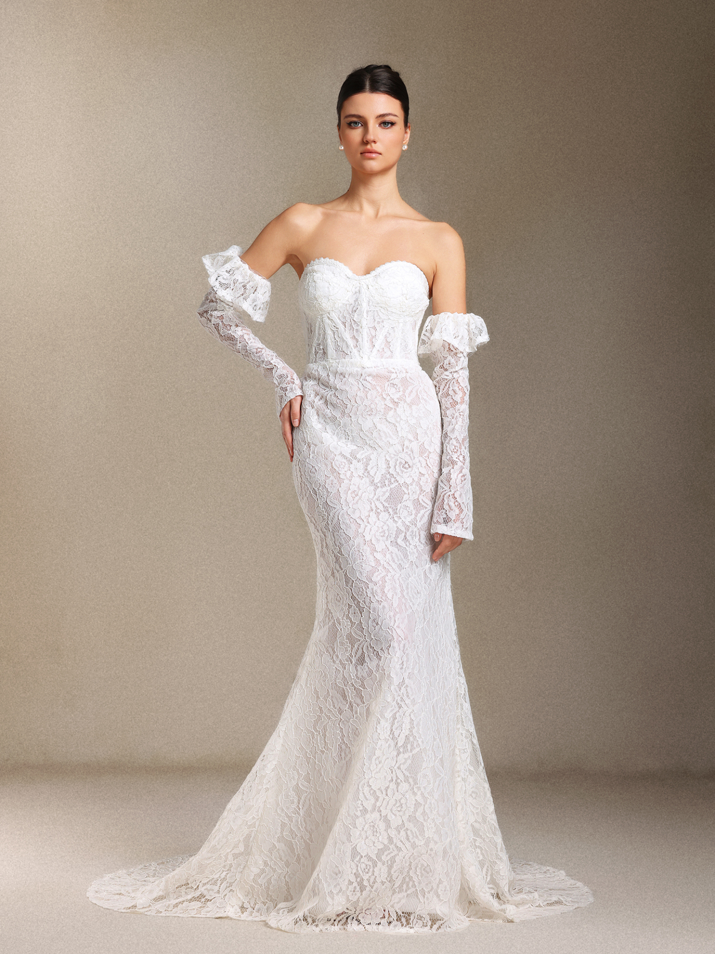 Eudase Lace Chest smearing Sleeve covers Fish bone maxi wedding dress