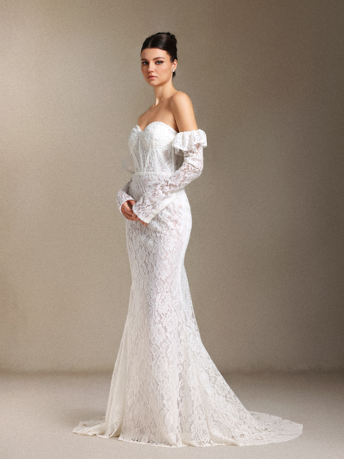 Eudase Lace Chest smearing Sleeve covers Fish bone maxi wedding dress