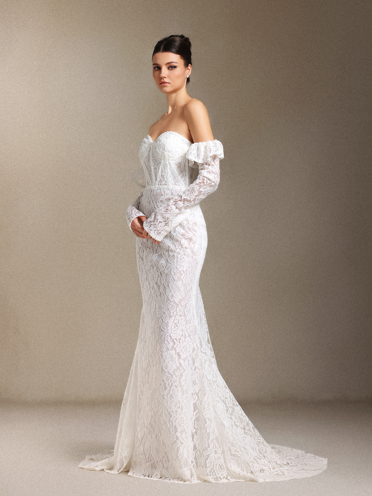 Eudase Lace Chest smearing Sleeve covers Fish bone maxi wedding dress