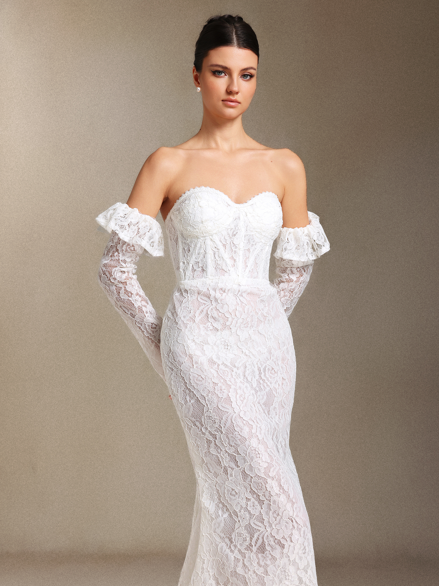 Eudase Lace Chest smearing Sleeve covers Fish bone maxi wedding dress