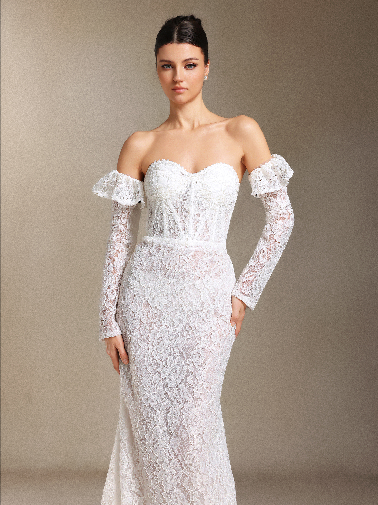 Eudase Lace Chest smearing Sleeve covers Fish bone maxi wedding dress