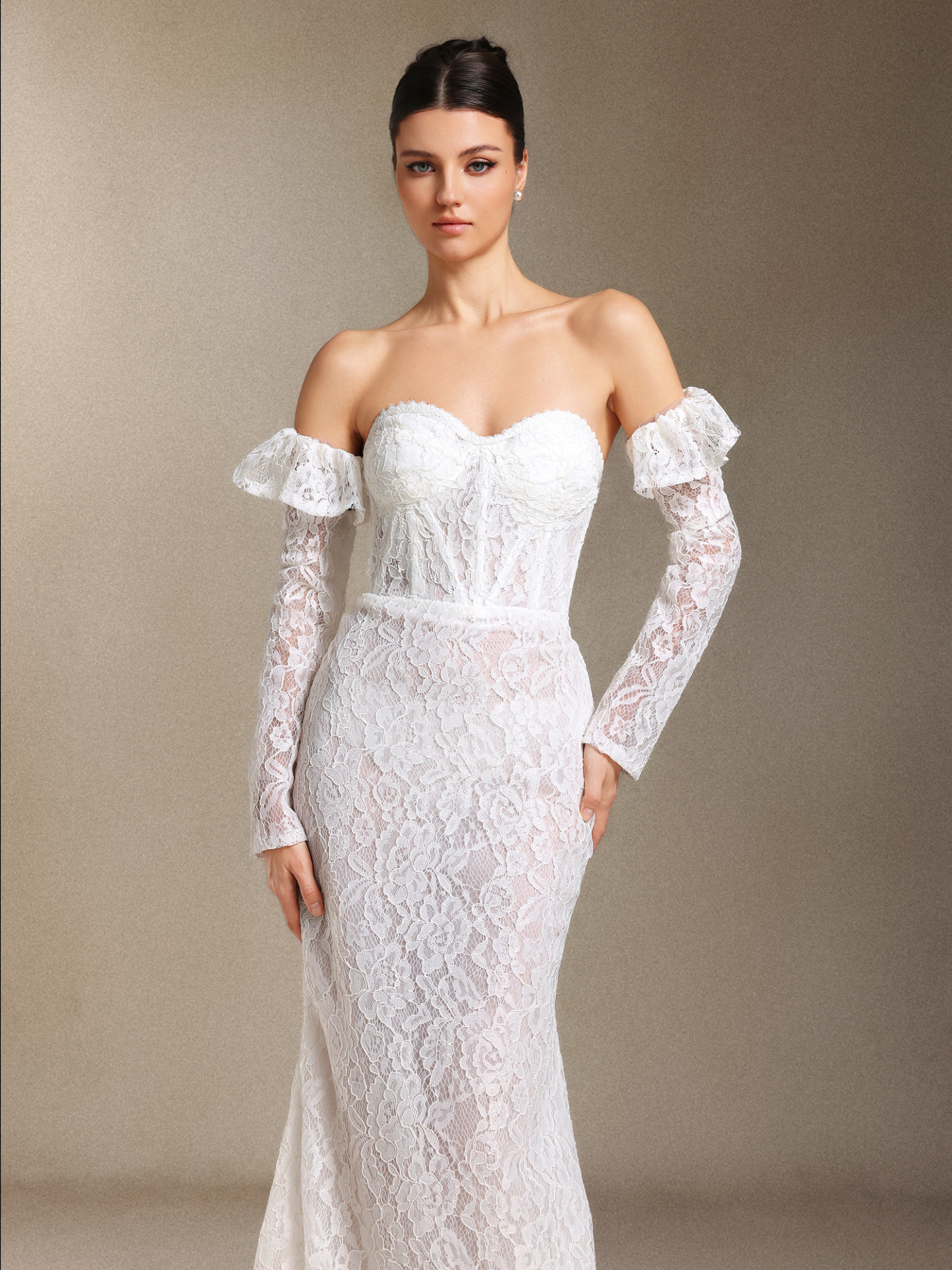 Eudase Lace Chest smearing Sleeve covers Fish bone maxi wedding dress