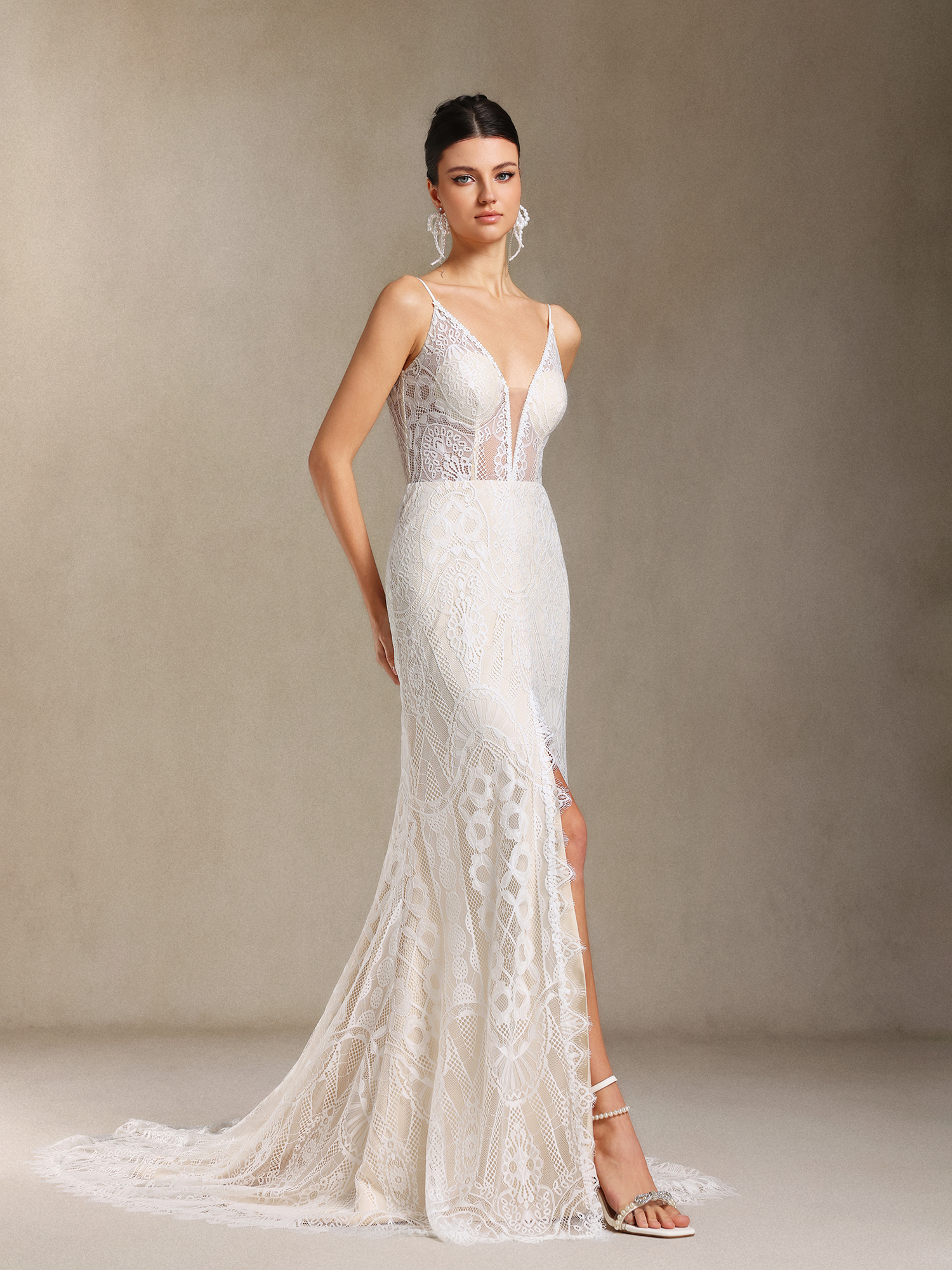 Vallea Lace V-neck Backless Slit Trailing maxi dress