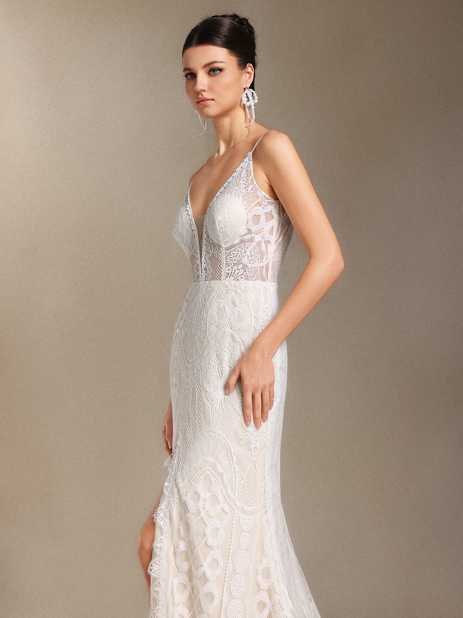 Vallea Lace V-neck Backless Slit Trailing maxi dress