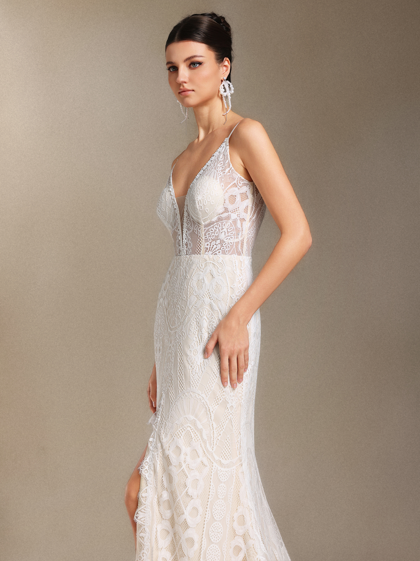 Vallea Lace V-neck Backless Slit Trailing maxi dress