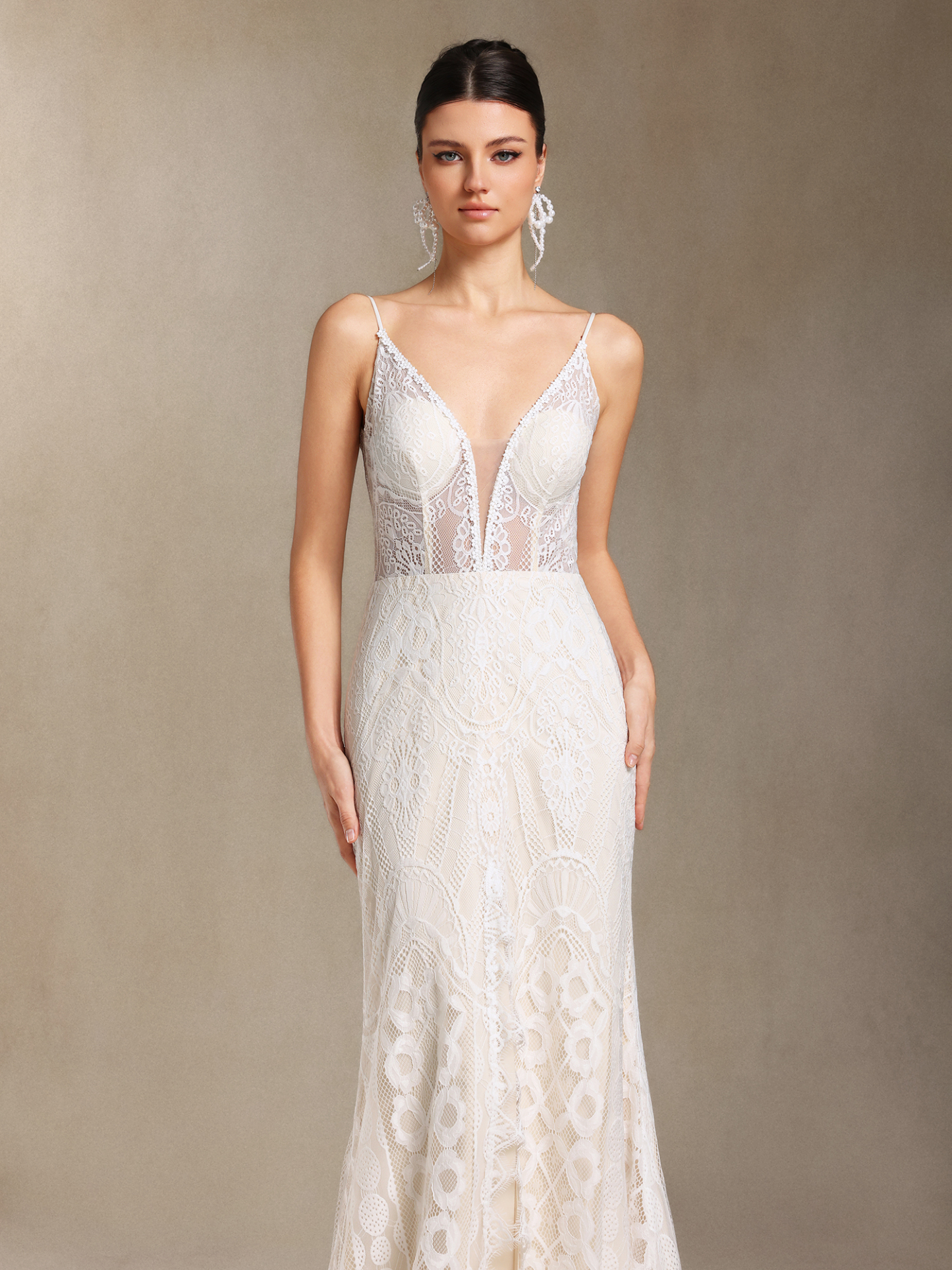 Vallea Lace V-neck Backless Slit Trailing maxi dress