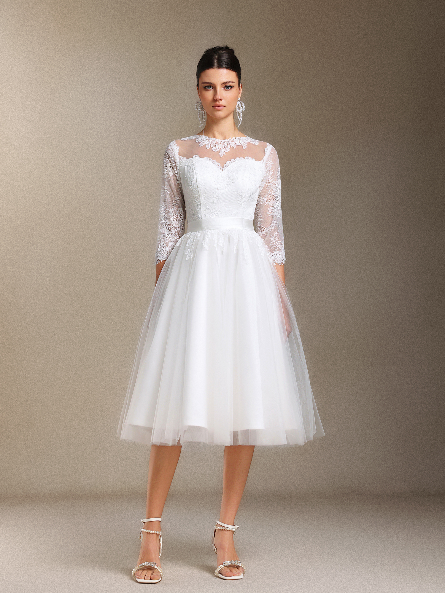 Keeli Long sleeves Lace Bow Mini wedding dress