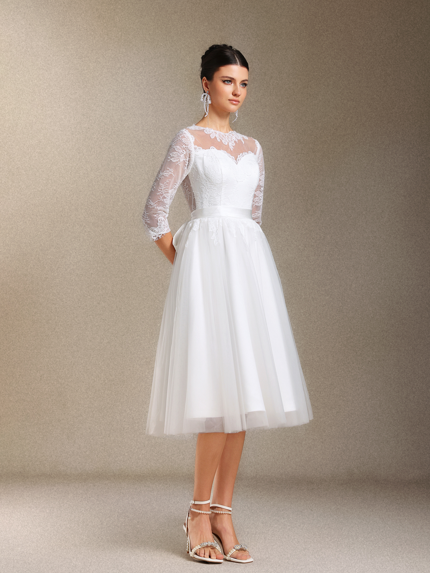 Keeli Long sleeves Lace Bow Mini wedding dress