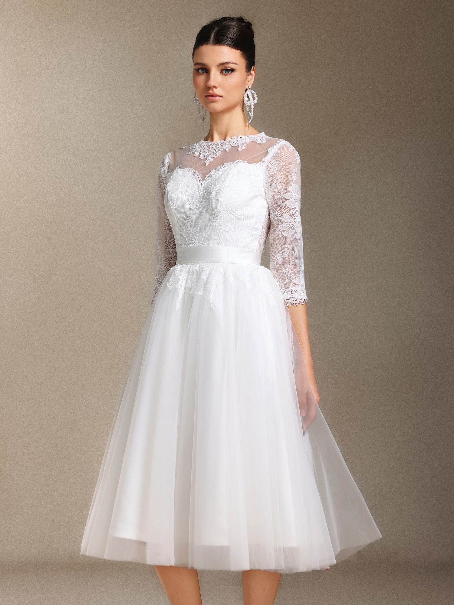 Keeli Long sleeves Lace Bow Mini wedding dress