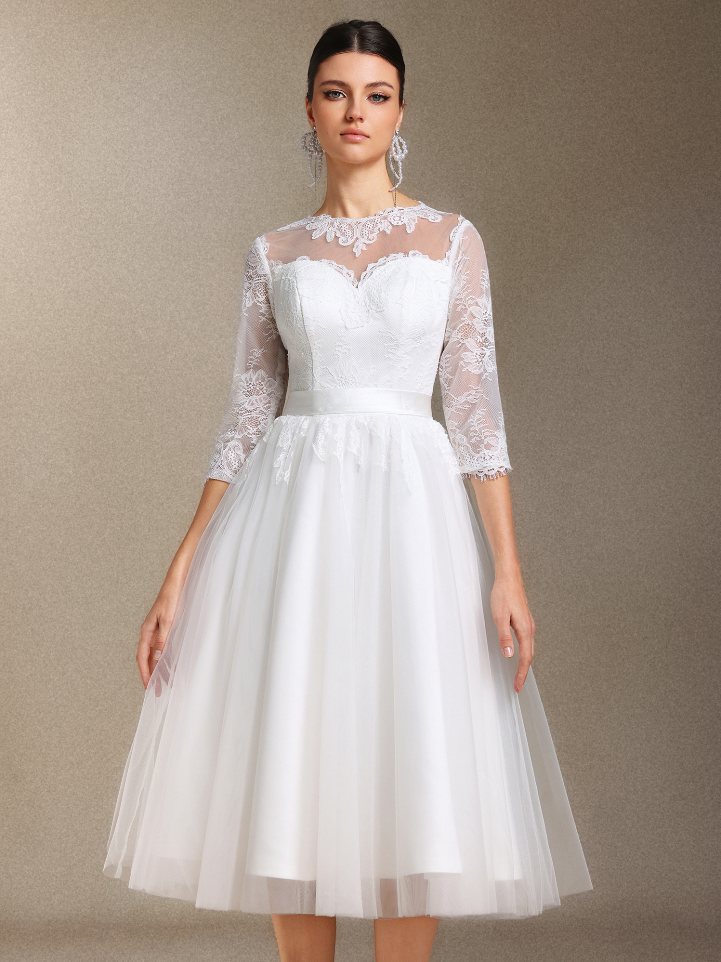 Keeli Long sleeves Lace Bow Mini wedding dress