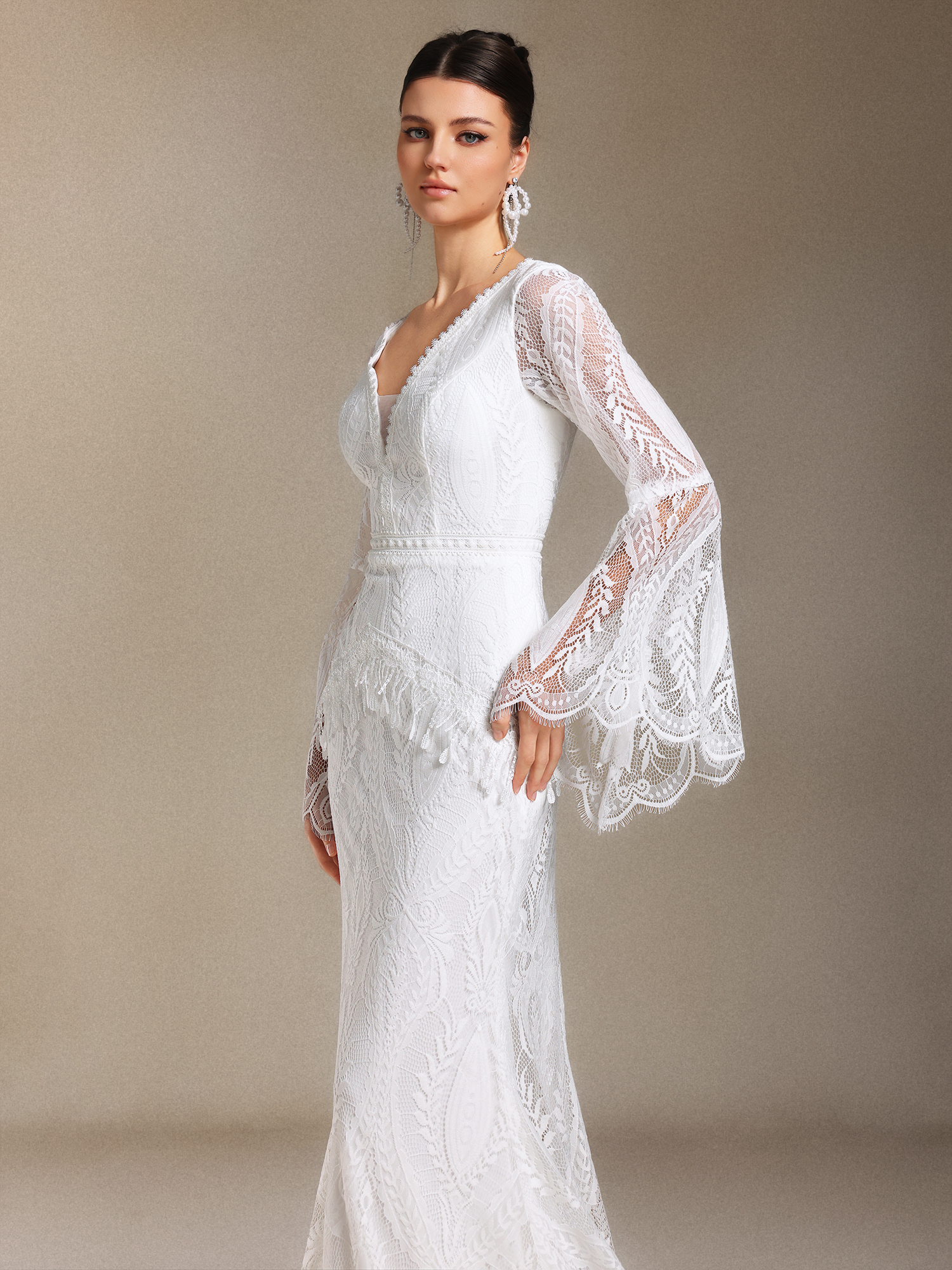 Lexi Patchwork lace Long sleeves Tassel maxi wedding dress