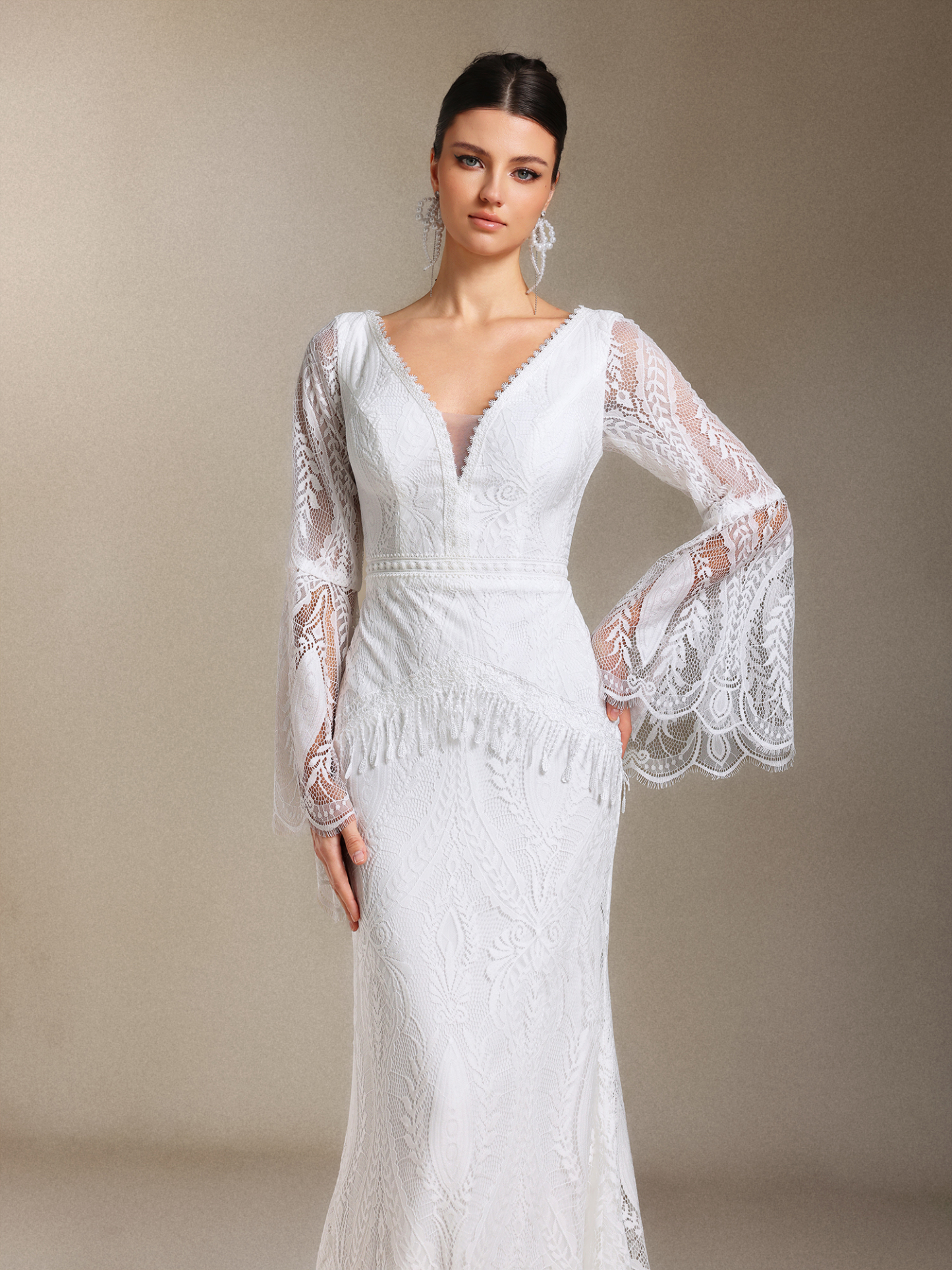 Lexi Patchwork lace Long sleeves Tassel maxi wedding dress