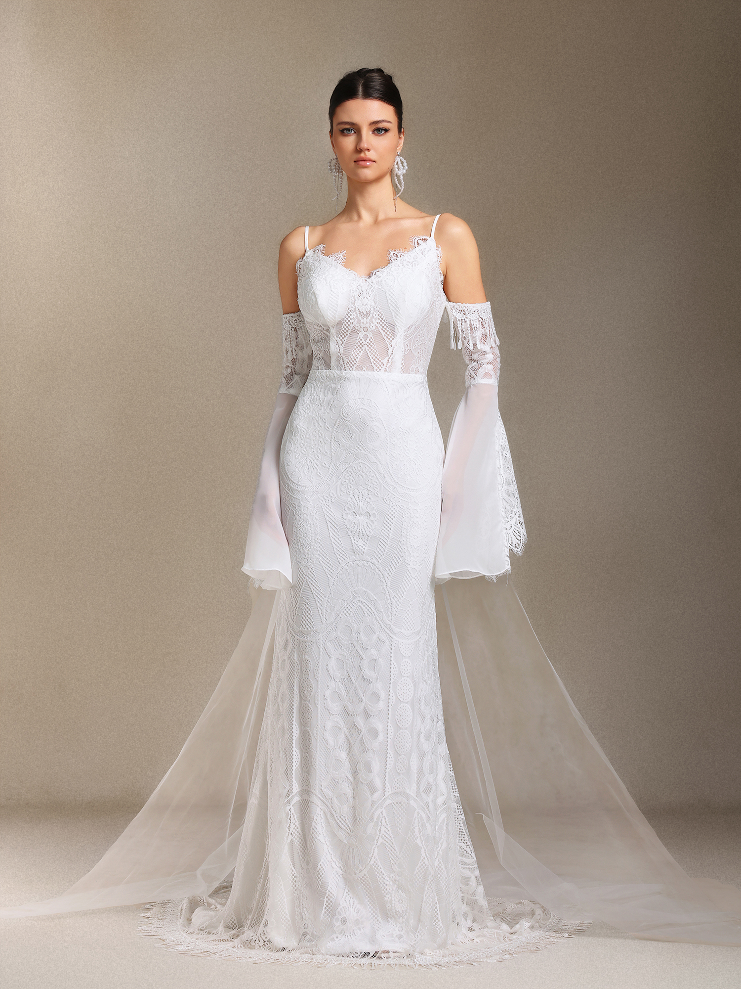 Ulasa Tassel Lace Sling Flared sleeves maxi wedding dress