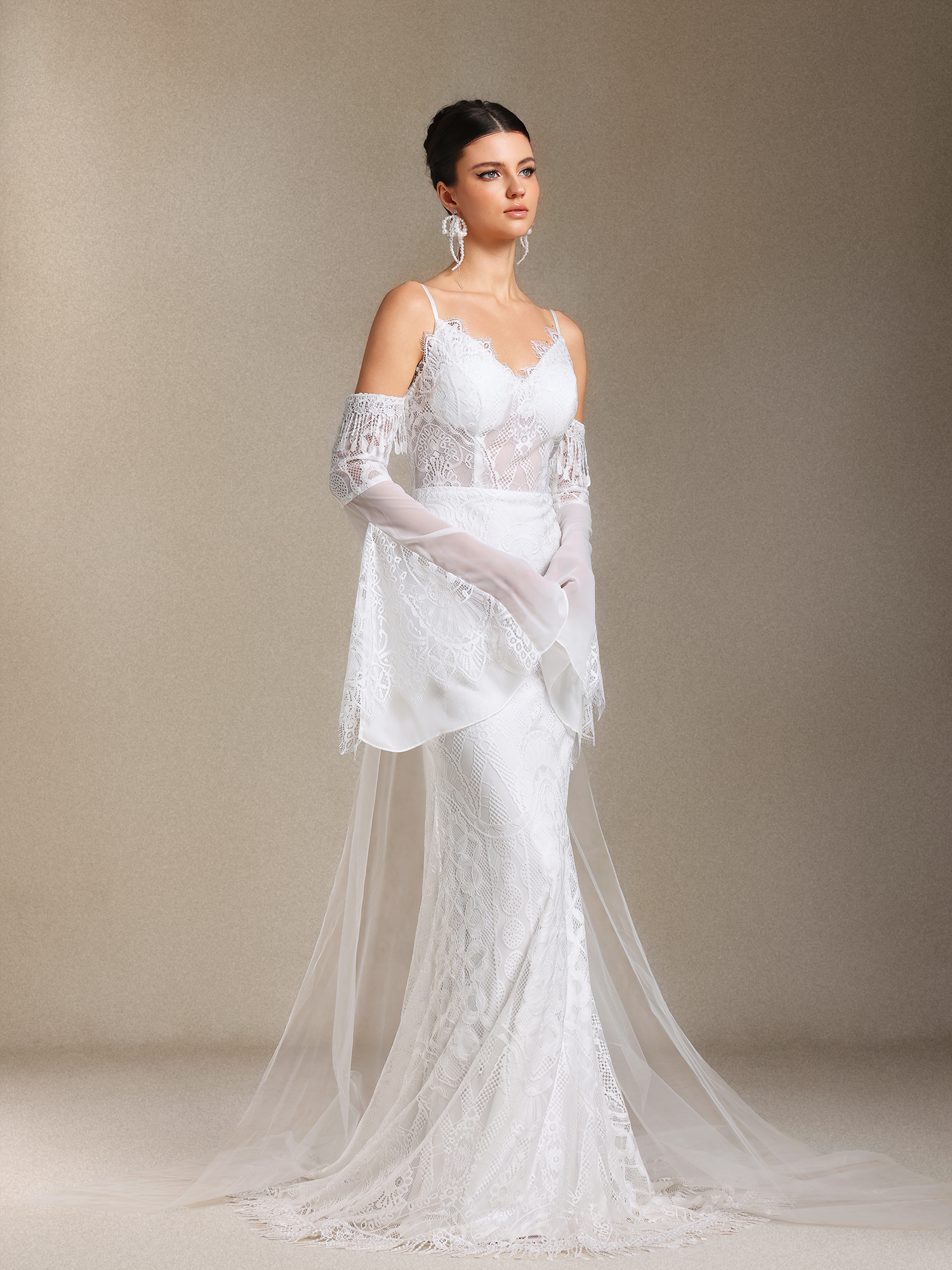 Ulasa Tassel Lace Sling Flared sleeves maxi wedding dress