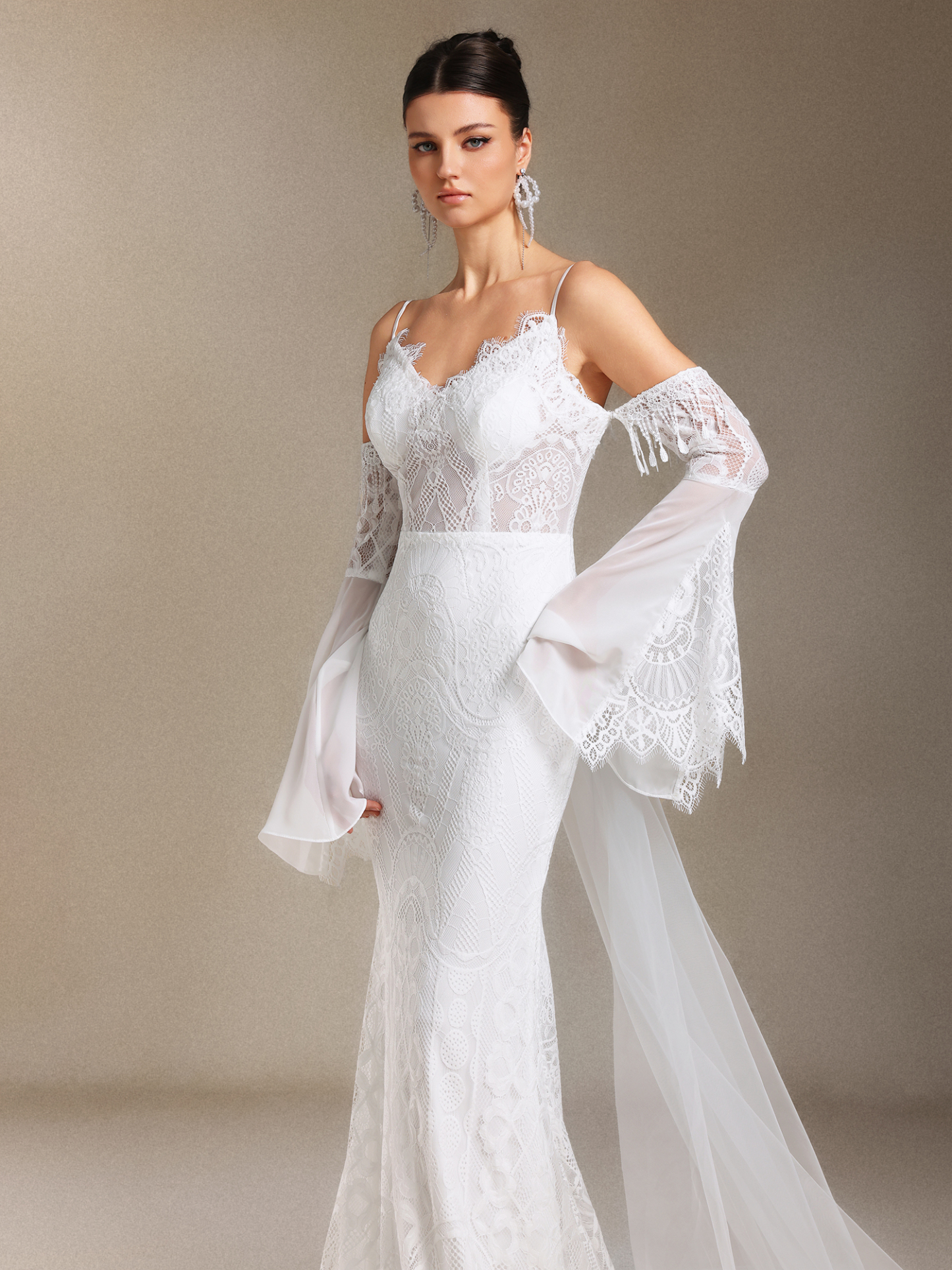 Ulasa Tassel Lace Sling Flared sleeves maxi wedding dress