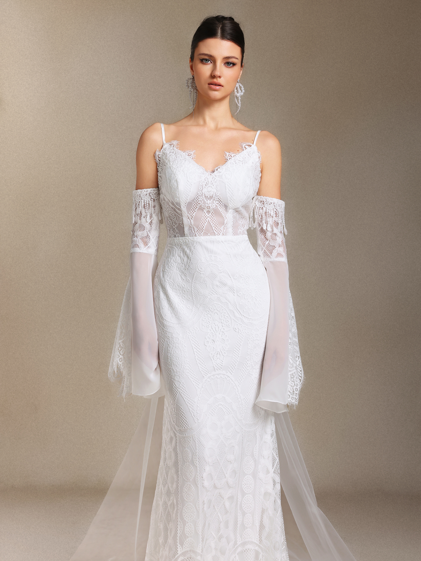 Ulasa Tassel Lace Sling Flared sleeves maxi wedding dress