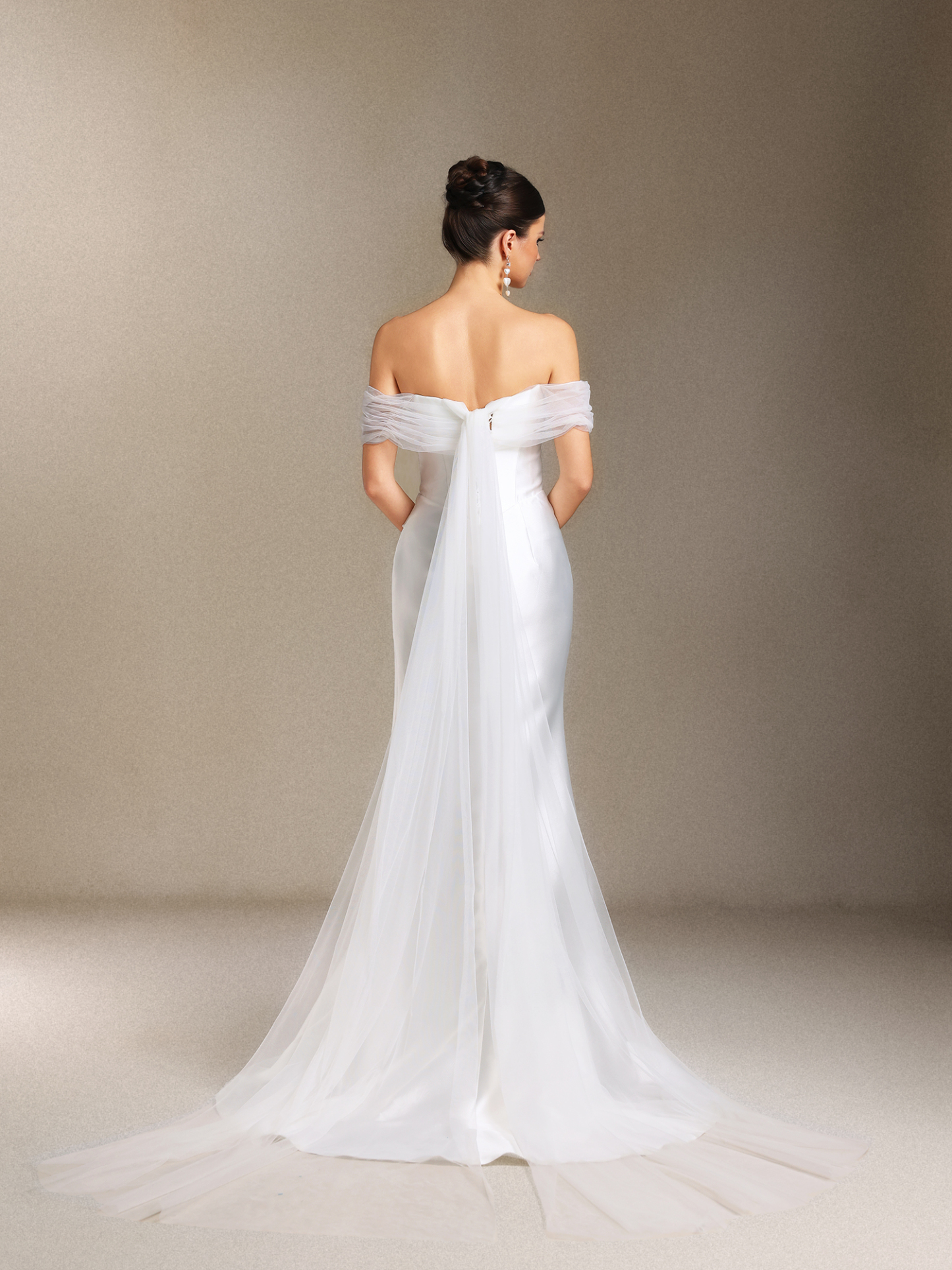 Wenrey Off-the-shoulder Pleating waist-cinching slit tail maxi wedding dress