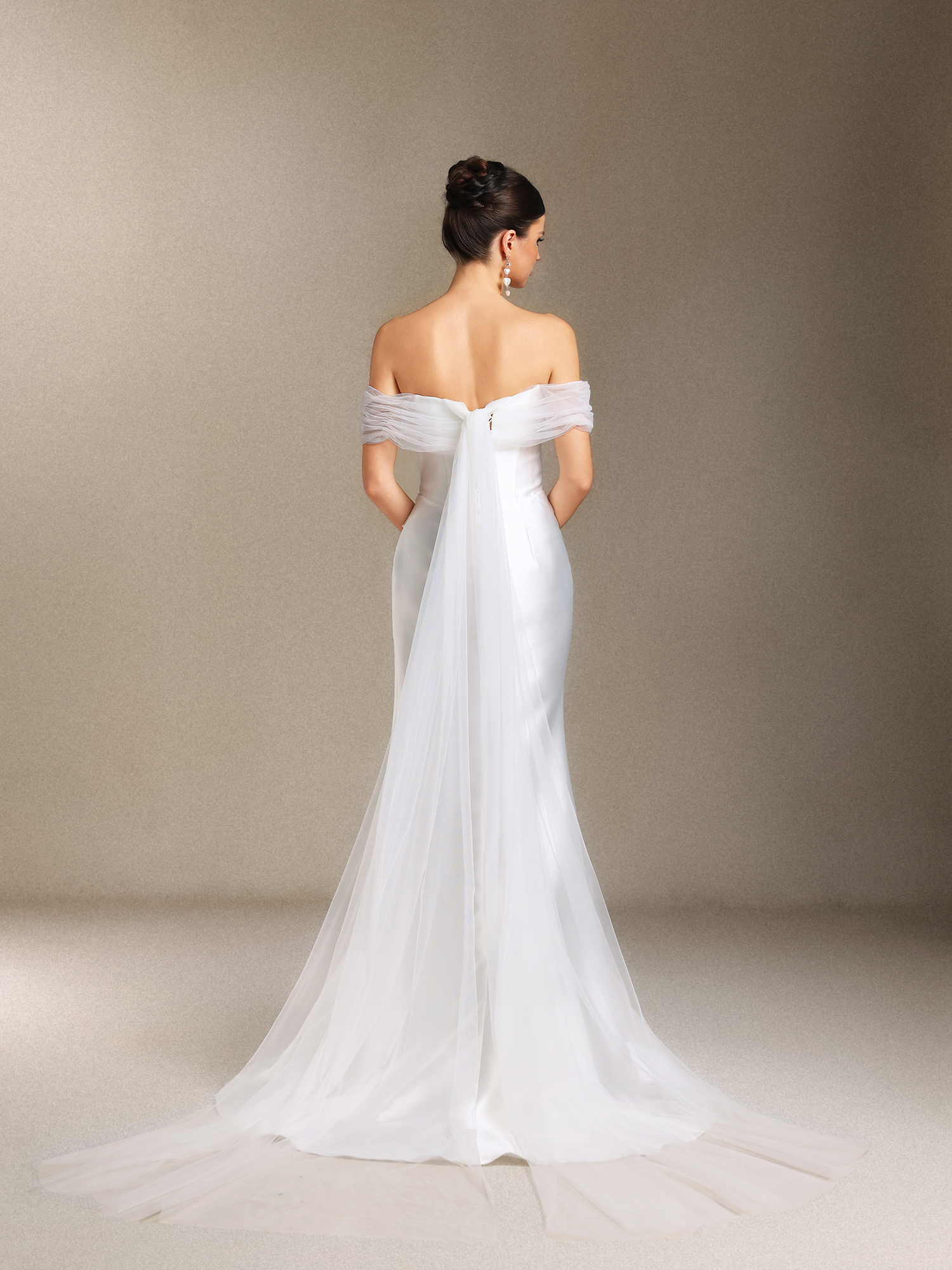 Wenrey Off-the-shoulder Pleating waist-cinching slit tail maxi wedding dress