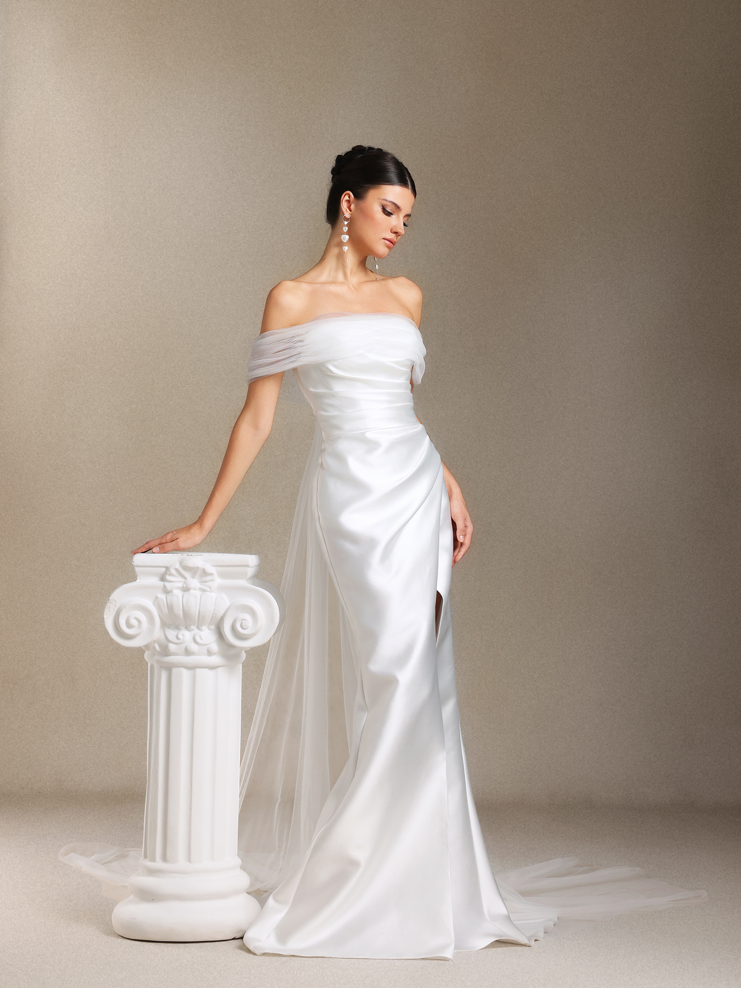 Wenrey Off-the-shoulder Pleating waist-cinching slit tail maxi wedding dress