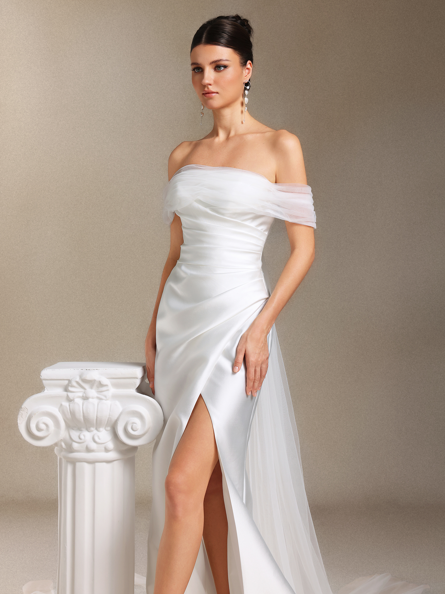 Wenrey Off-the-shoulder Pleating waist-cinching slit tail maxi wedding dress