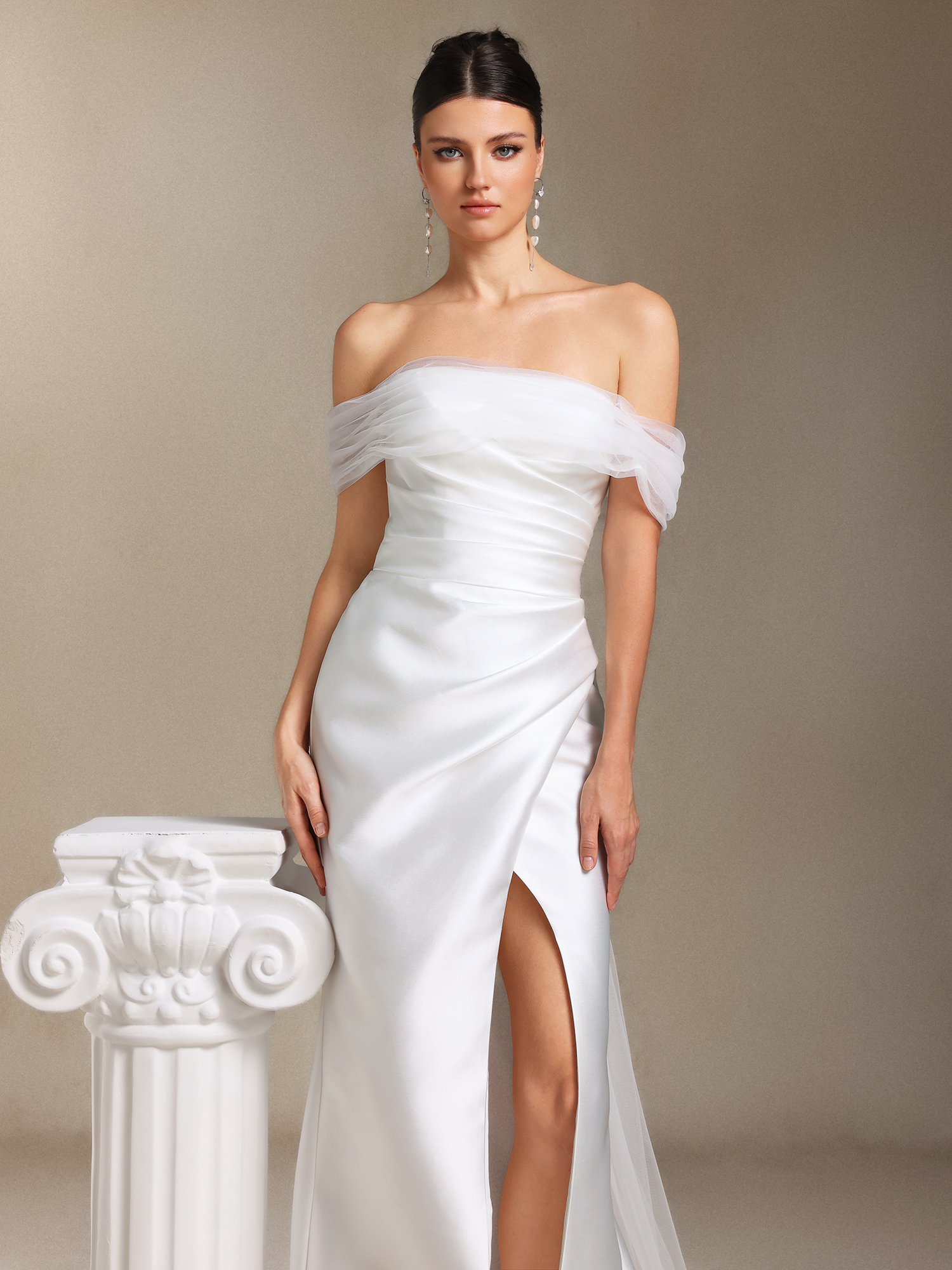 Wenrey Off-the-shoulder Pleating waist-cinching slit tail maxi wedding dress