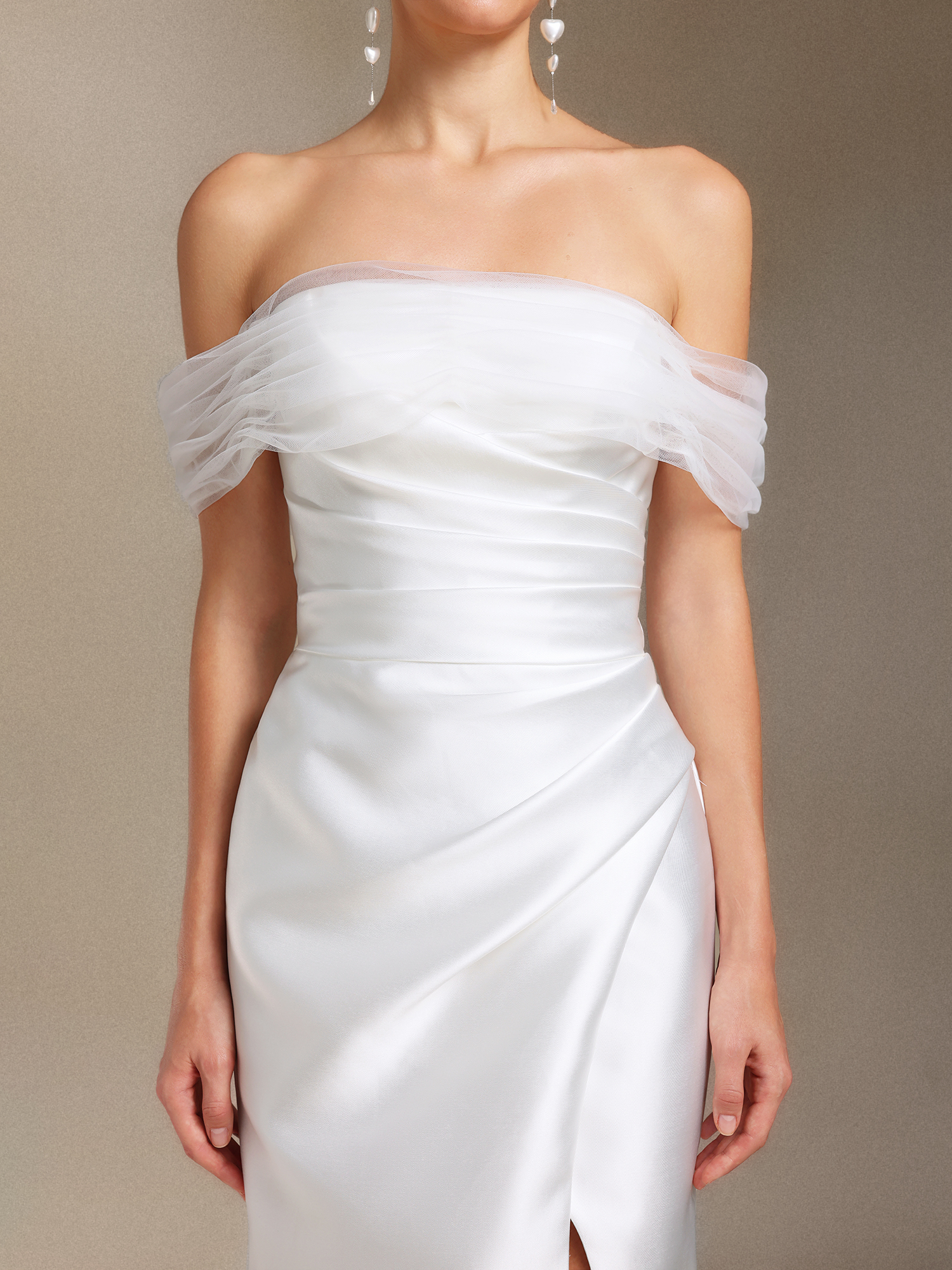 Wenrey Off-the-shoulder Pleating waist-cinching slit tail maxi wedding dress