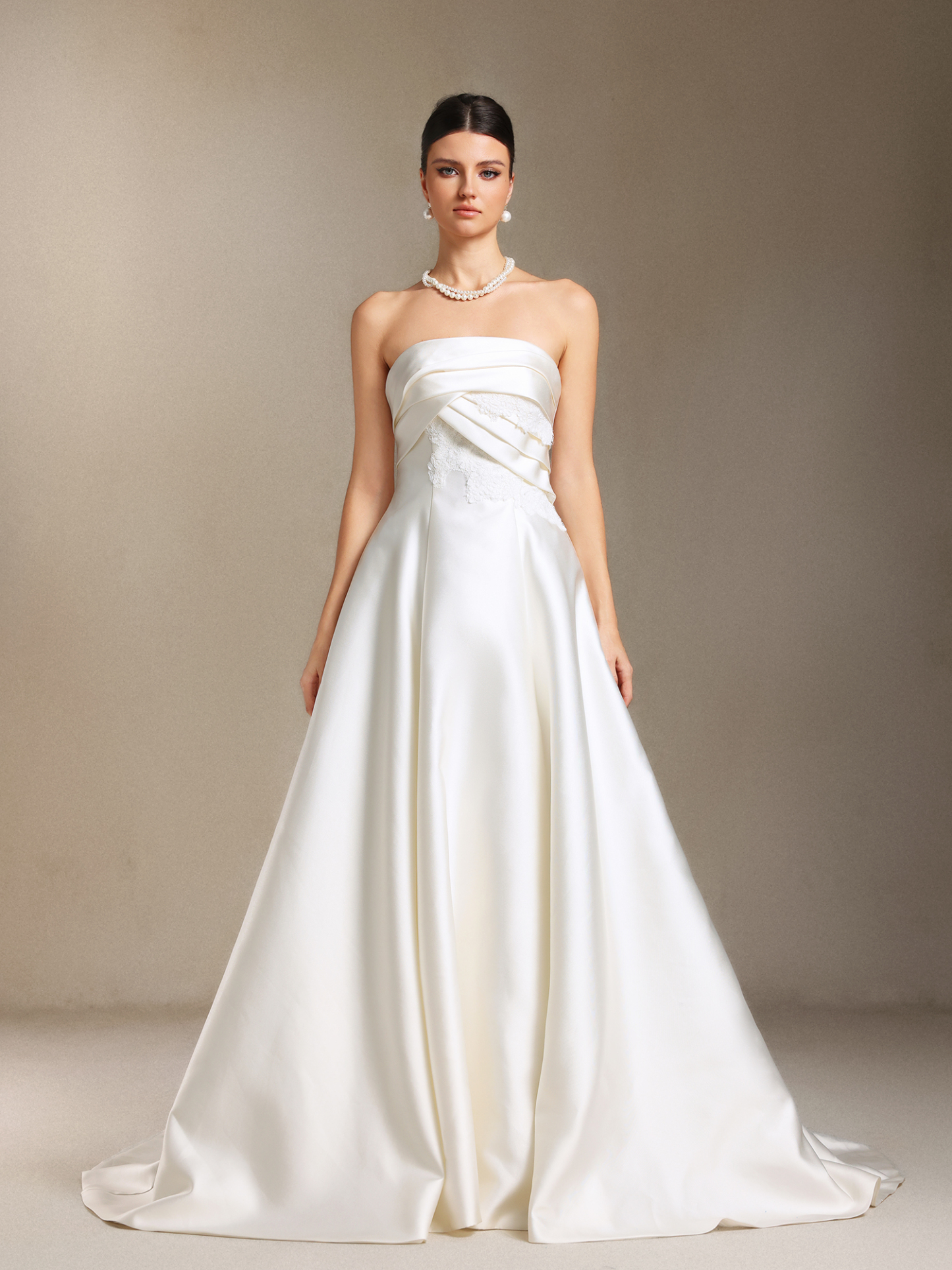 Megan Bare shoulders Pleated Trailing Satin maxi wedding dress