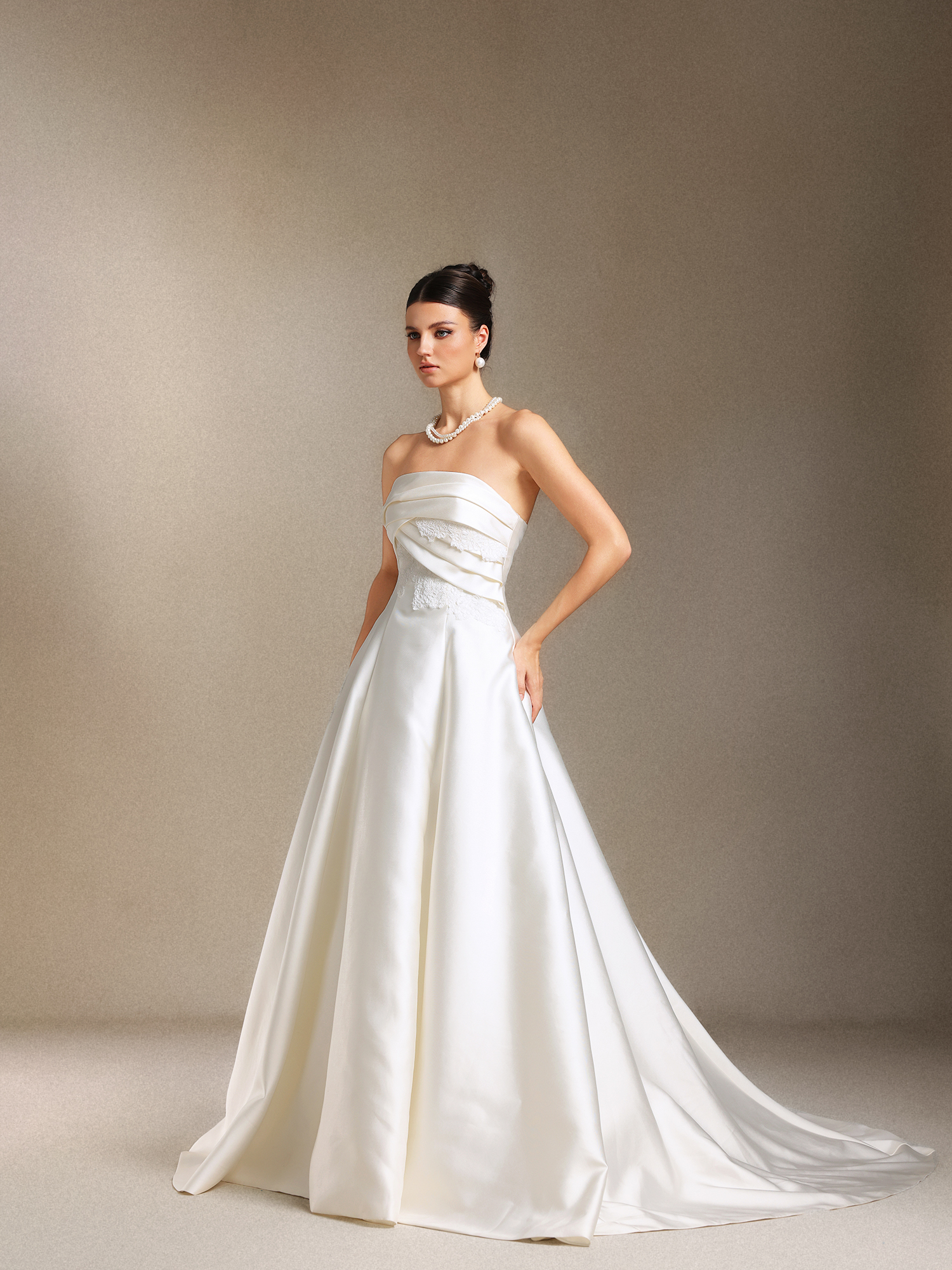 Megan Bare shoulders Pleated Trailing Satin maxi wedding dress