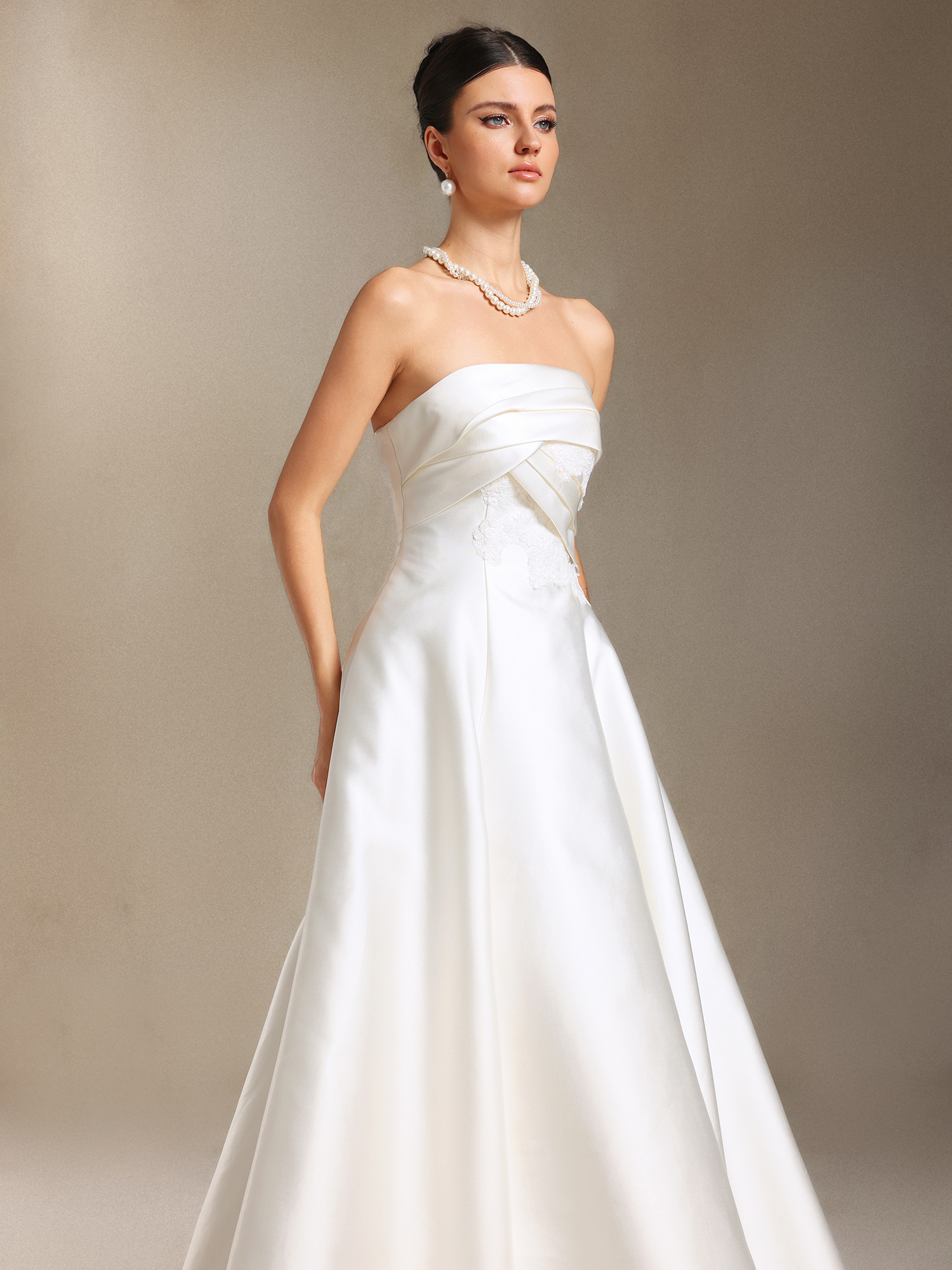 Megan Bare shoulders Pleated Trailing Satin maxi wedding dress