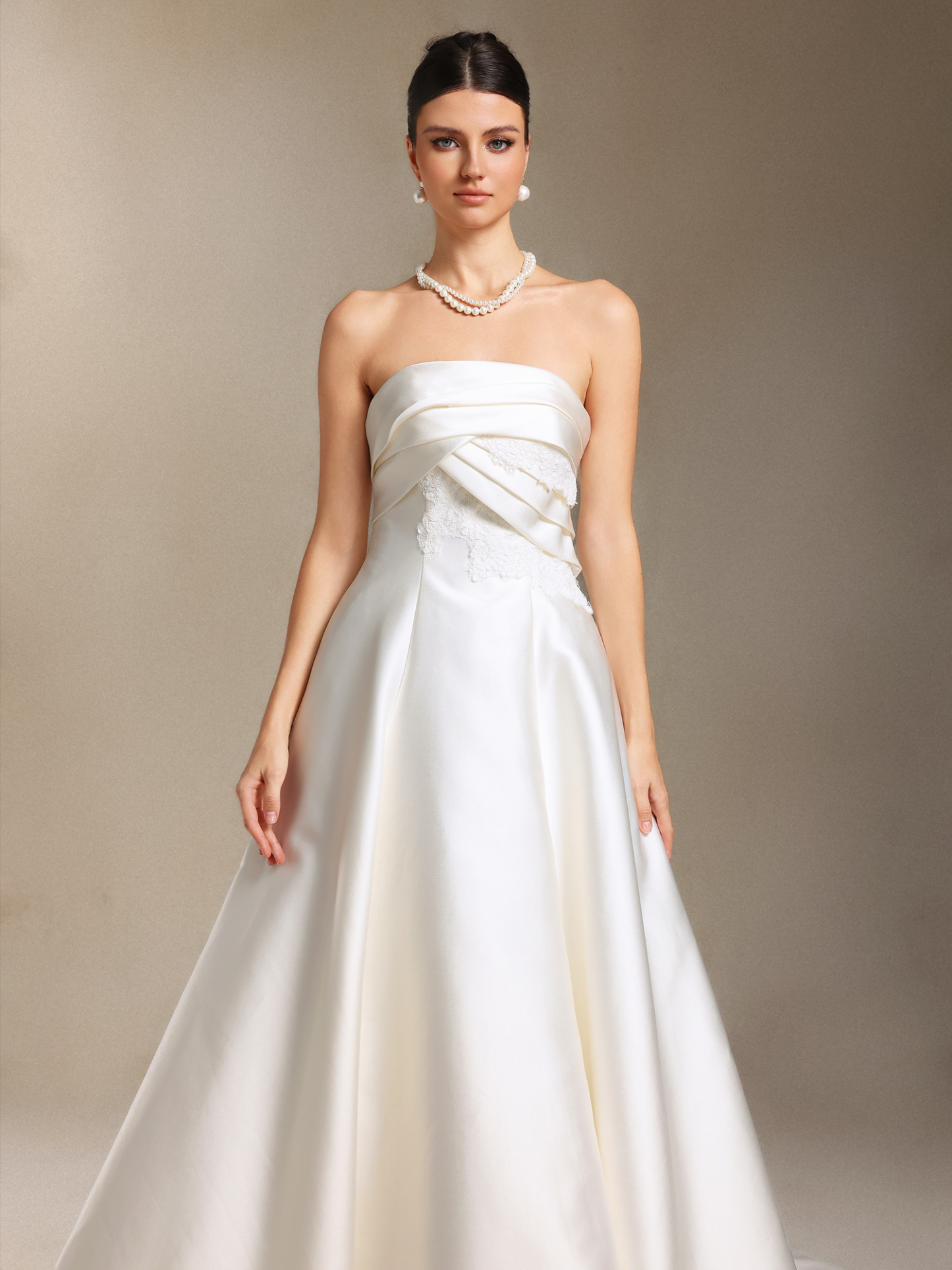 Megan Bare shoulders Pleated Trailing Satin maxi wedding dress