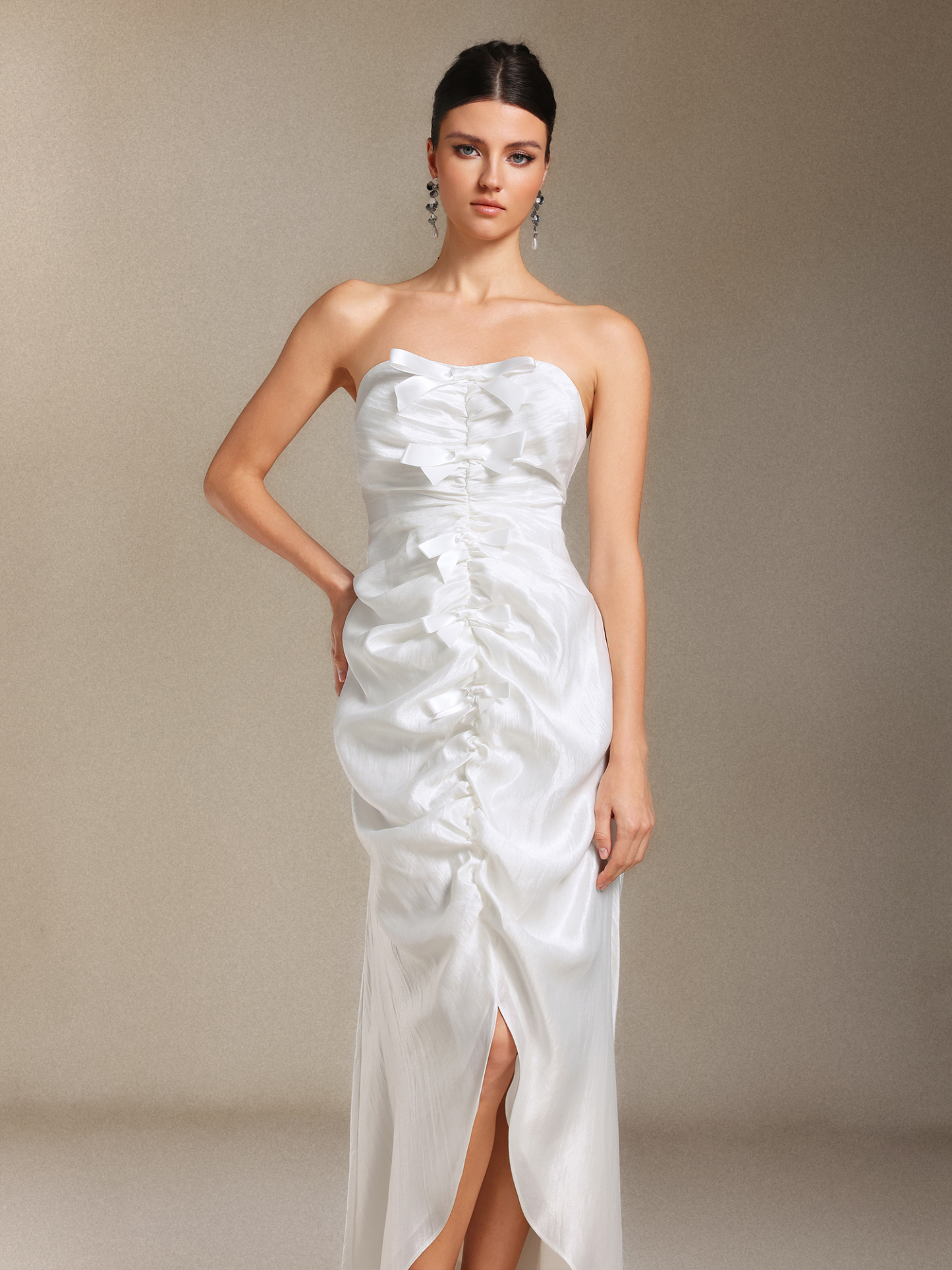 Lexy Chest smearing Fold Bow Slit maxi formal dress