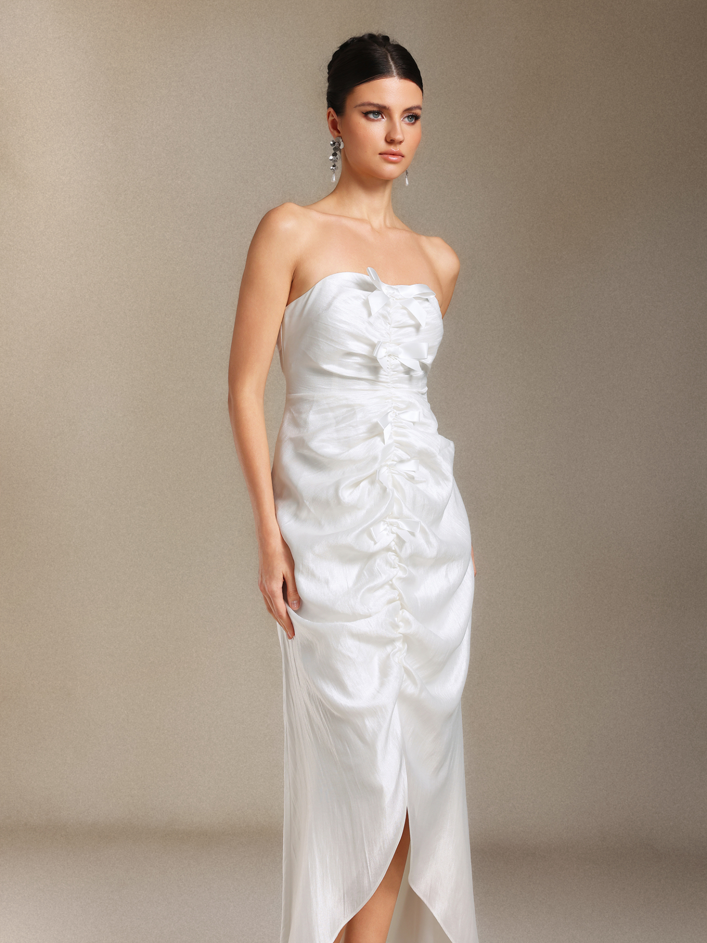 Lexy Chest smearing Fold Bow Slit maxi formal dress