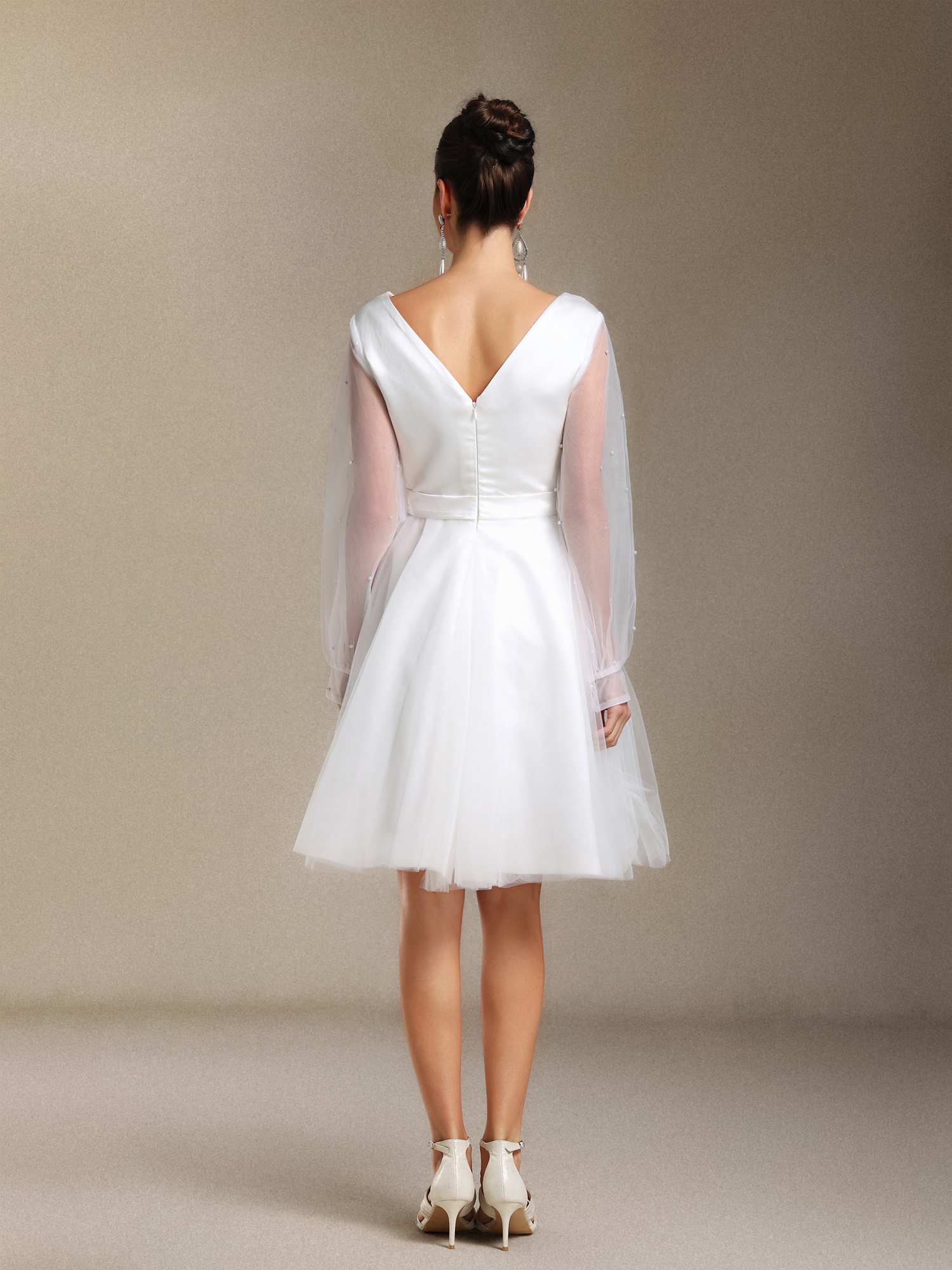Maka Long sleeves Pearl Satin V-neck Mini wedding dress