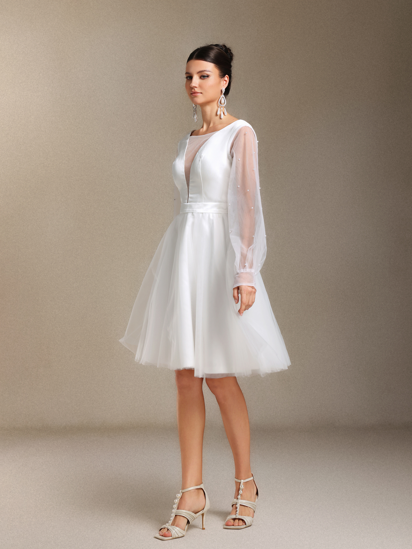 Maka Long sleeves Pearl Satin V-neck Mini wedding dress