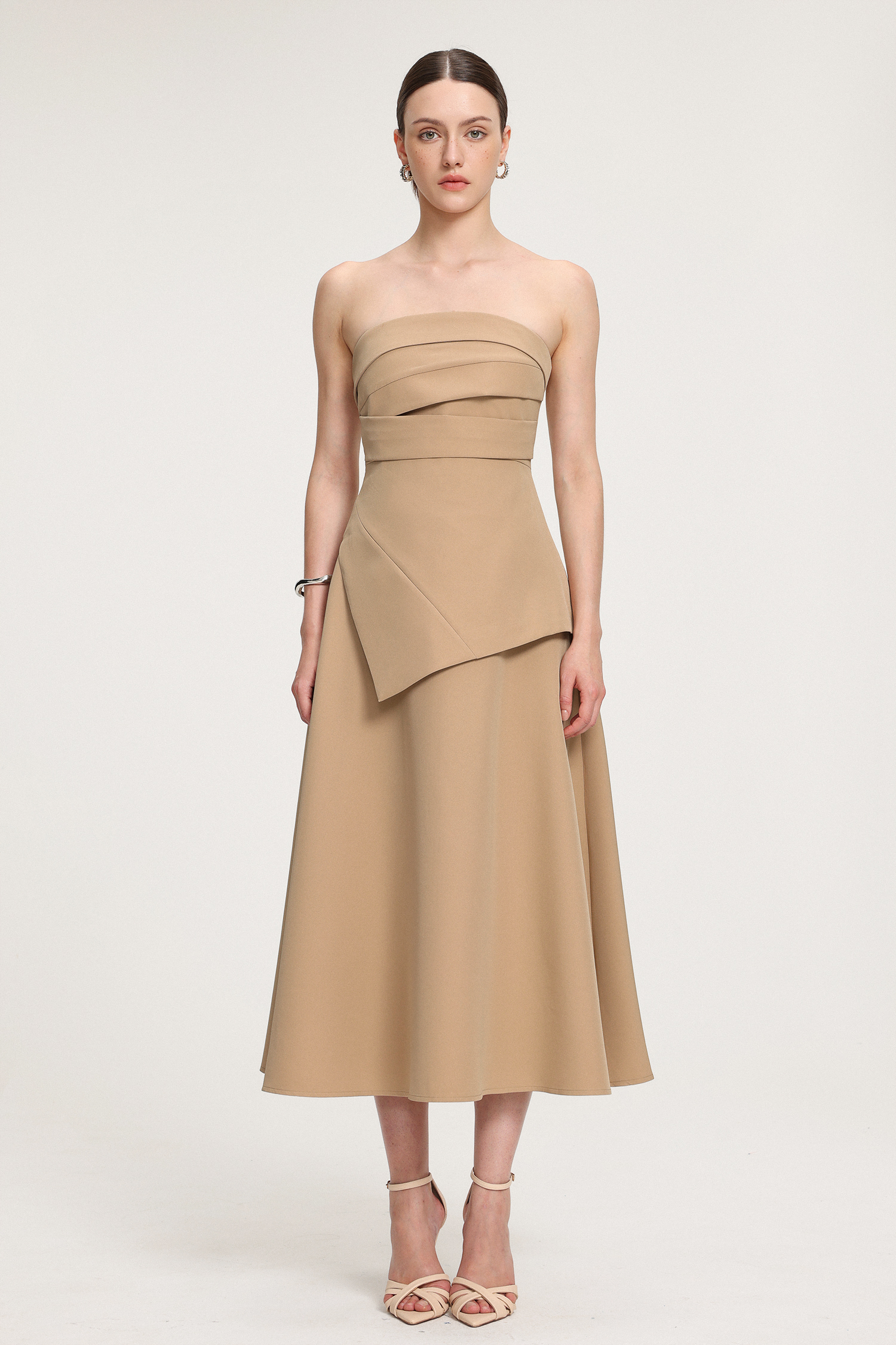 Asymmetric-Draped Crepe Midi Dress