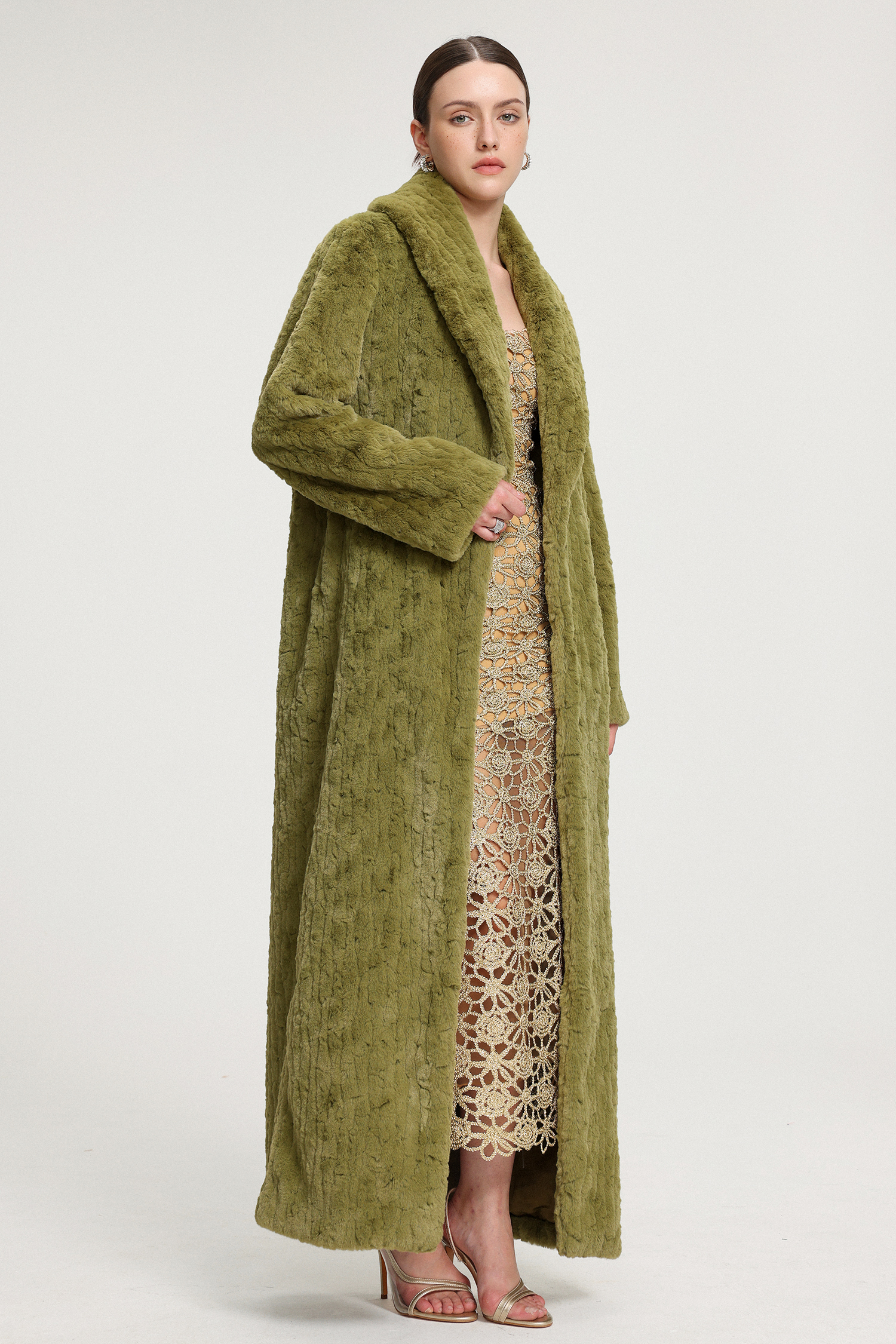 Shawl-Collar Textured Faux Fur Maxi Coat