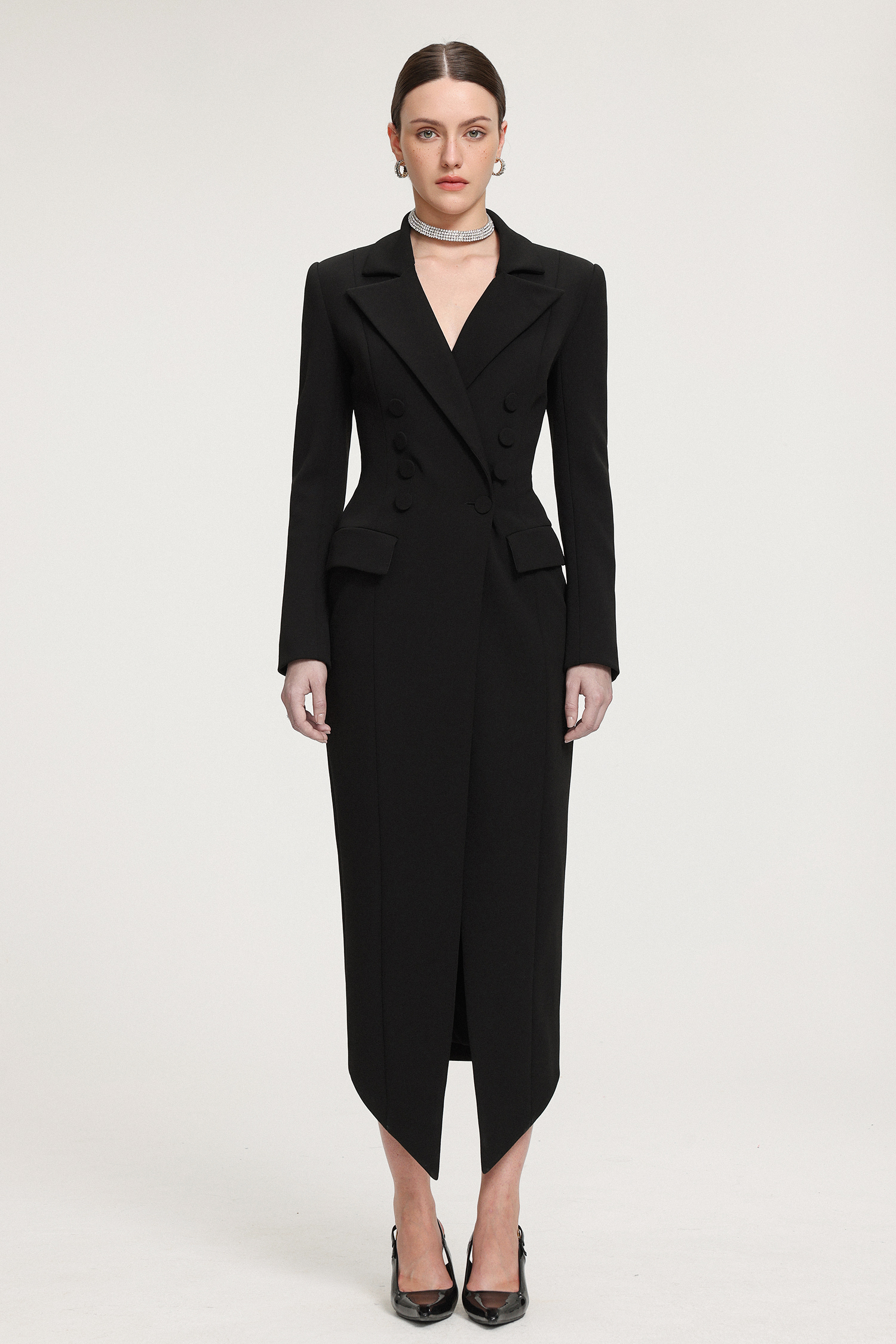 Double-Breasted Asymmetric Hem Crepe Maxi Coat