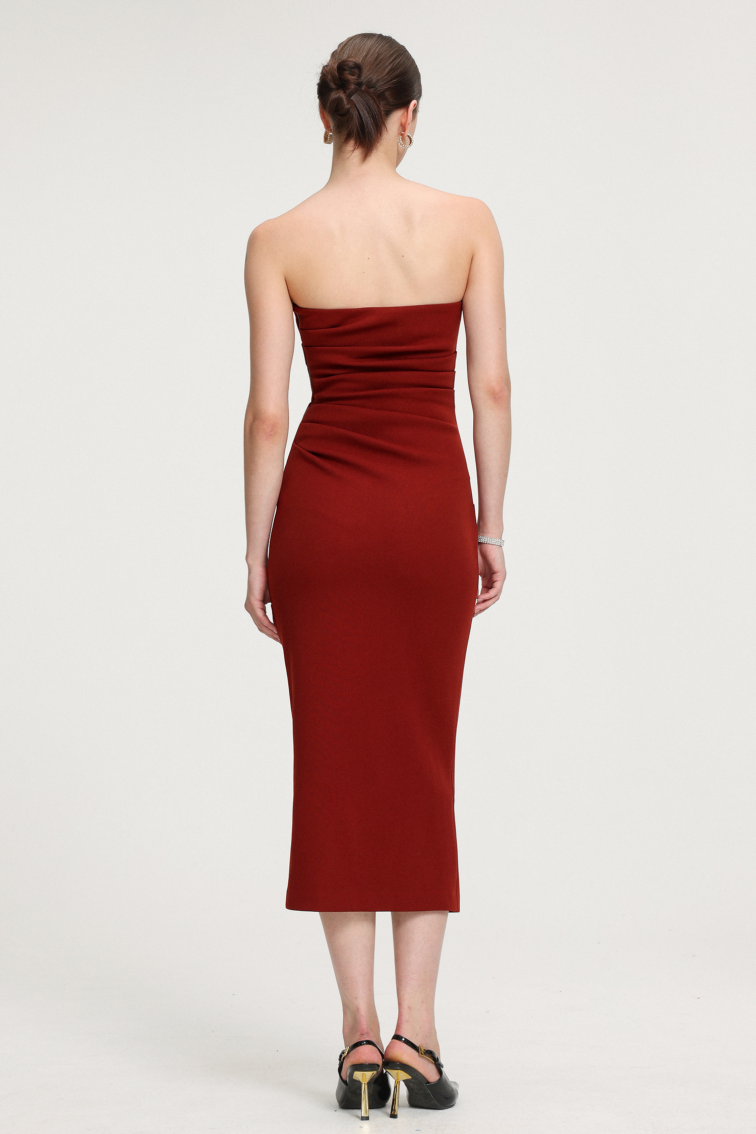 Ruched Strapless Crepe Midi Dress